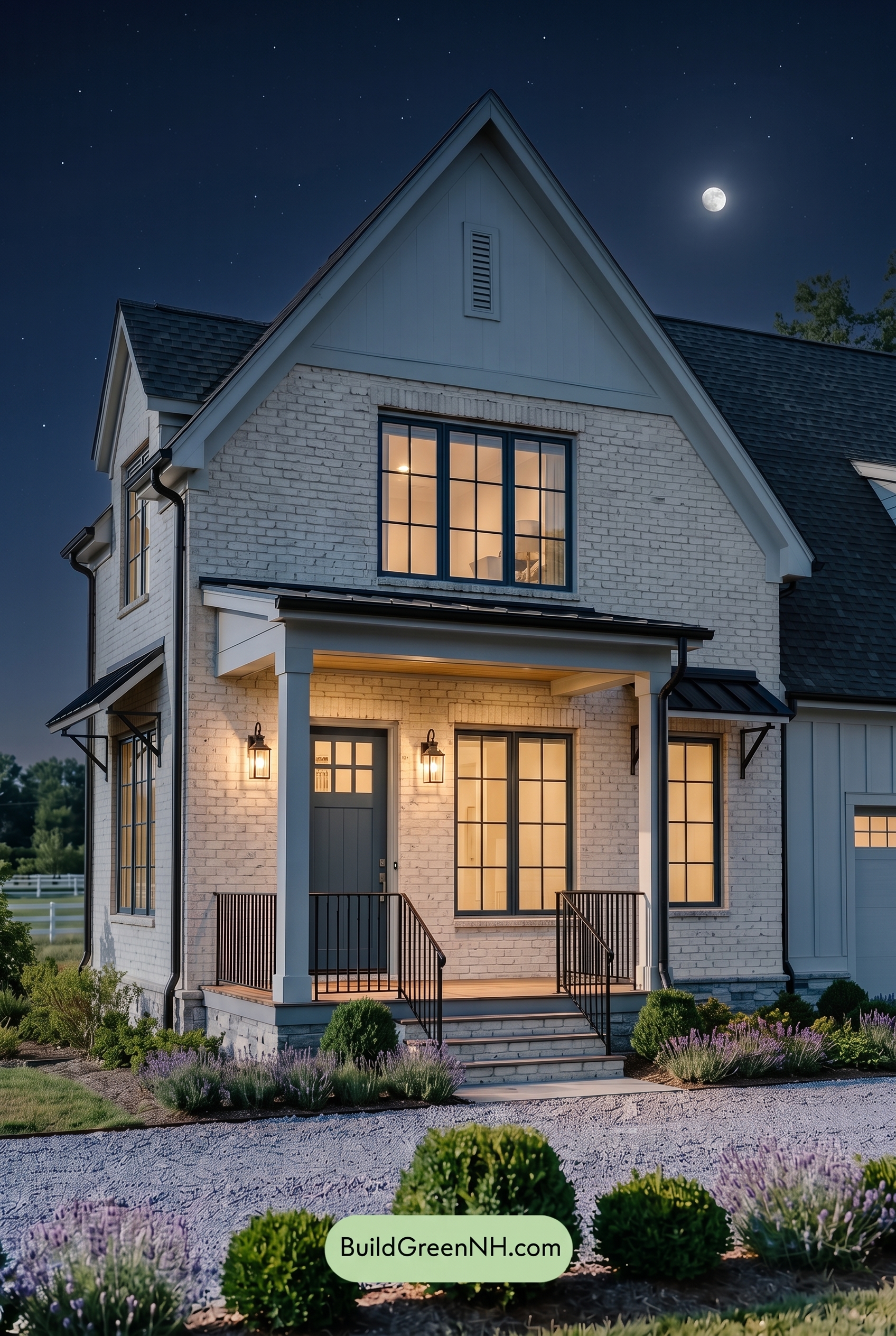 Cream Brick House Exterior Color Scheme: Graphite Orchard Entry - Nighttime