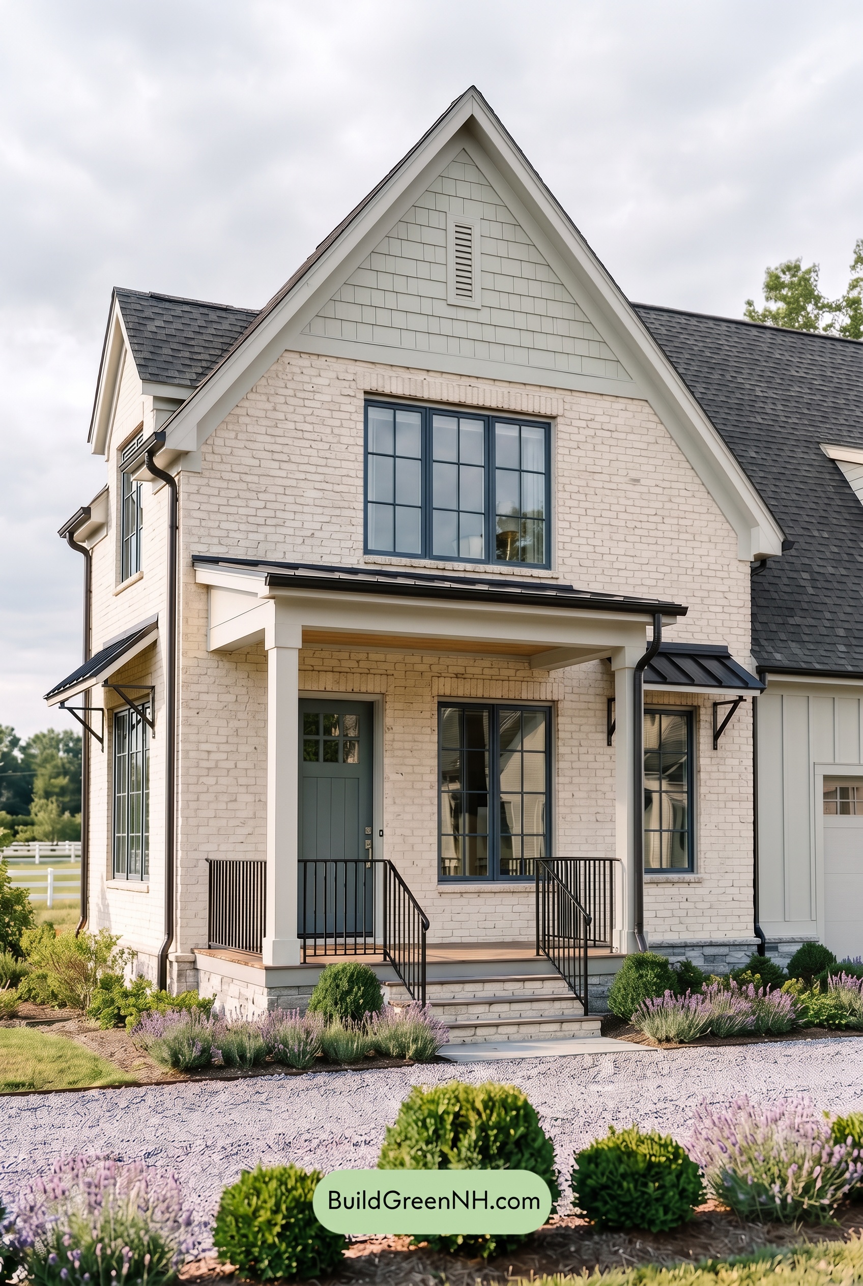 Cream Brick House Exterior Color Scheme: Graphite Orchard Entry - Overcast