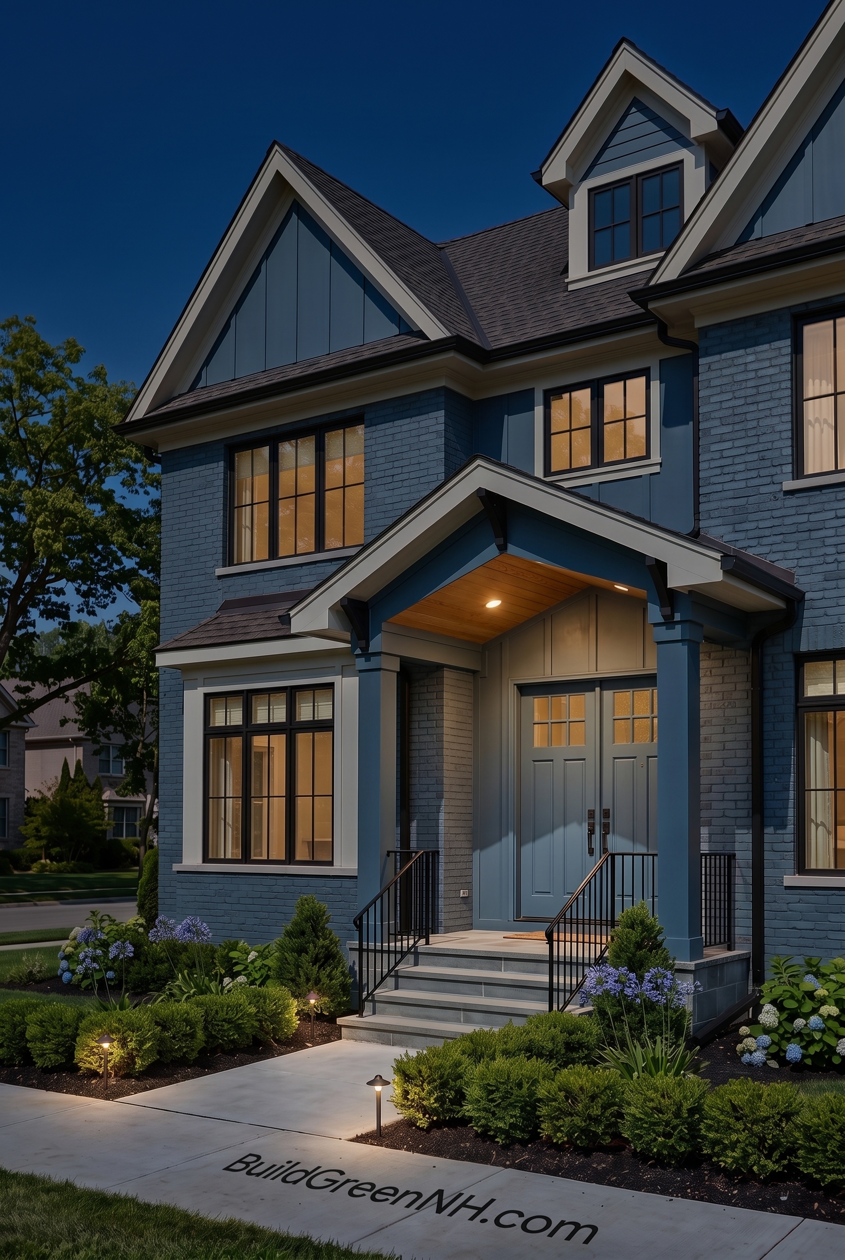 Cream Brick House Exterior Color Scheme: Harbor Gable Detail - Nighttime
