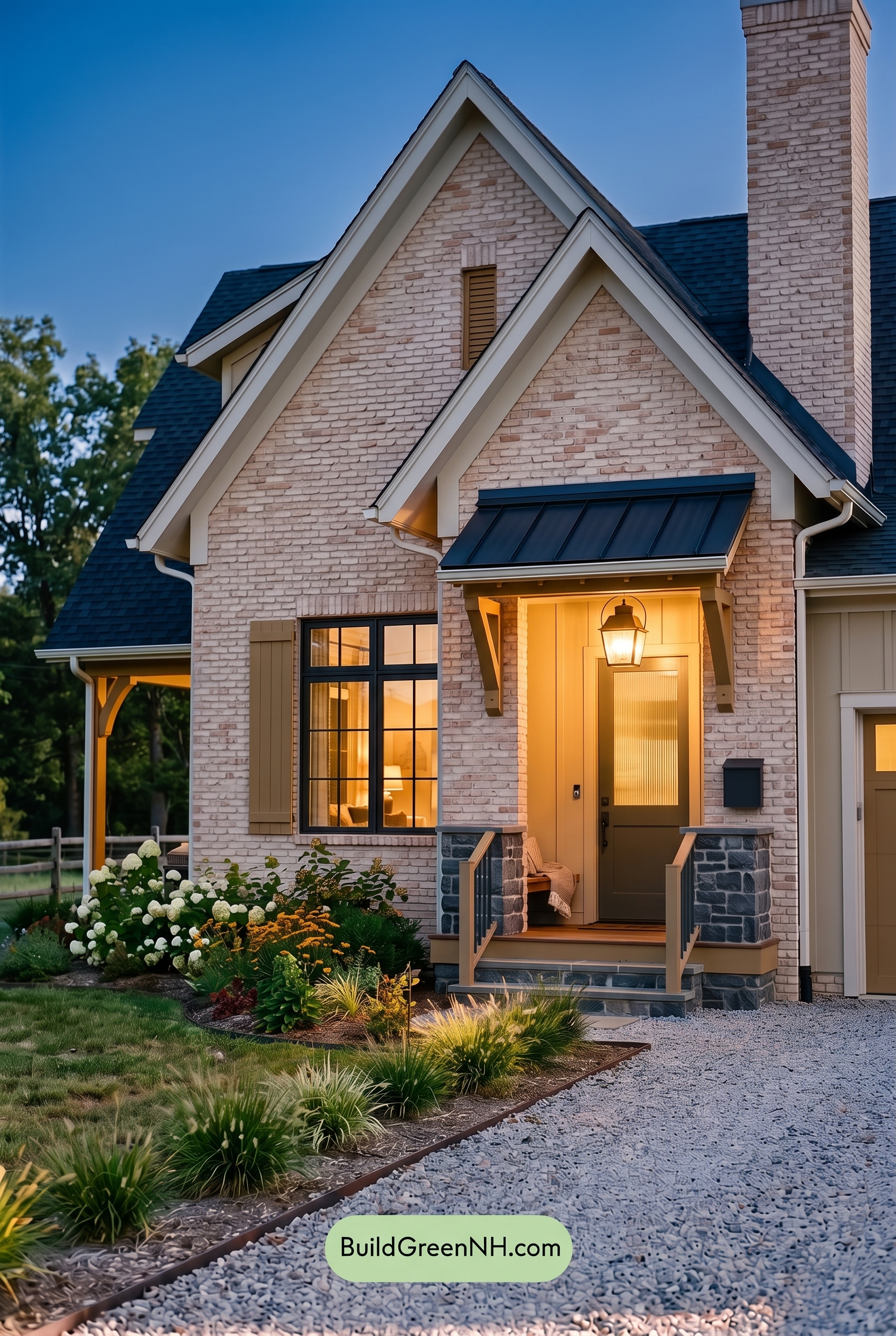 Cream Brick House Exterior Color Scheme: Honeyed Iron Welcome - Nighttime