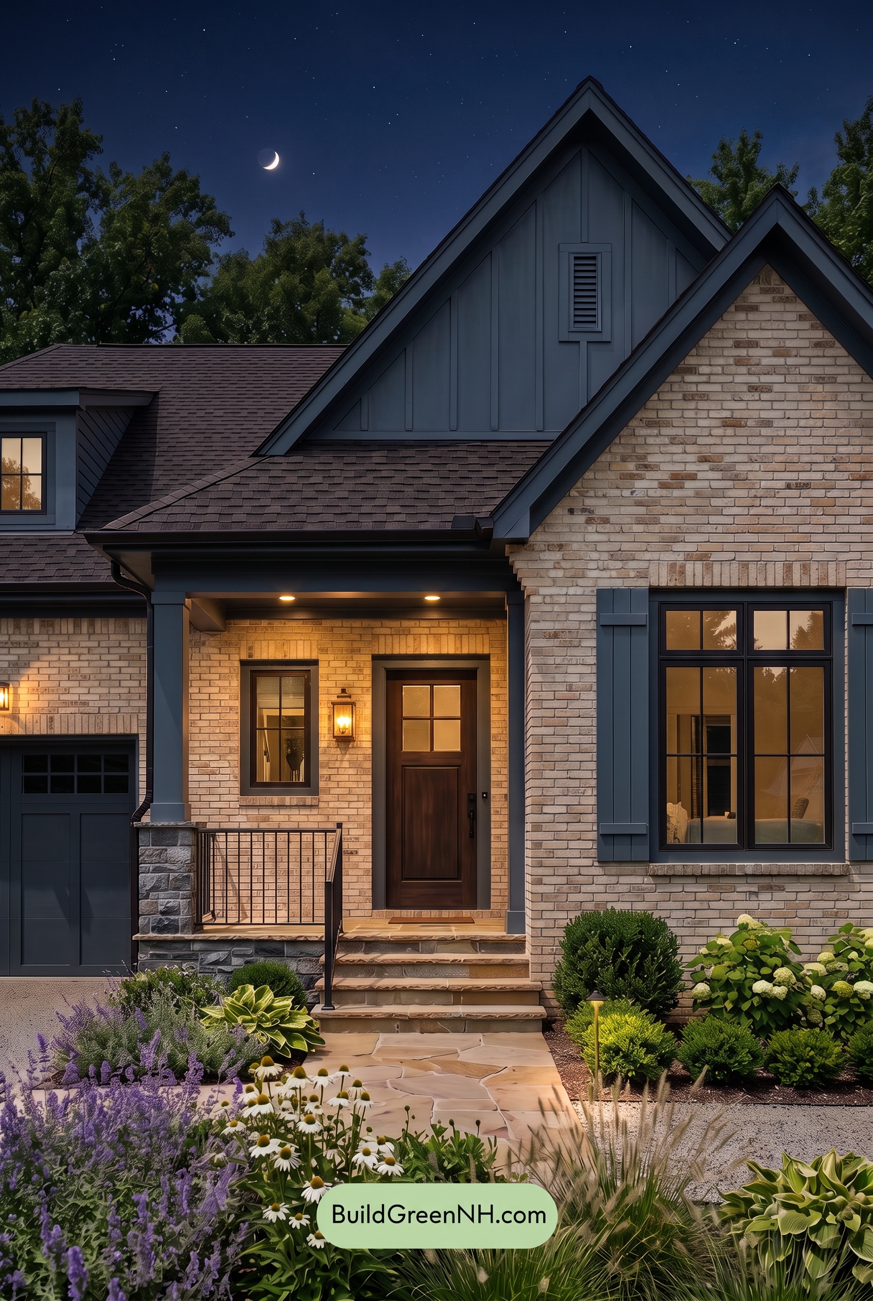 Cream Brick House Exterior Color Scheme: Indigo Brick Poise - Nighttime