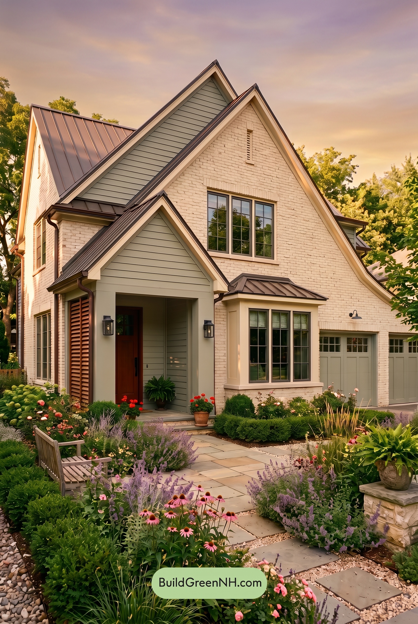 Cream Brick House Exterior Color Scheme: Juniper Gable Glow - Golden Hour