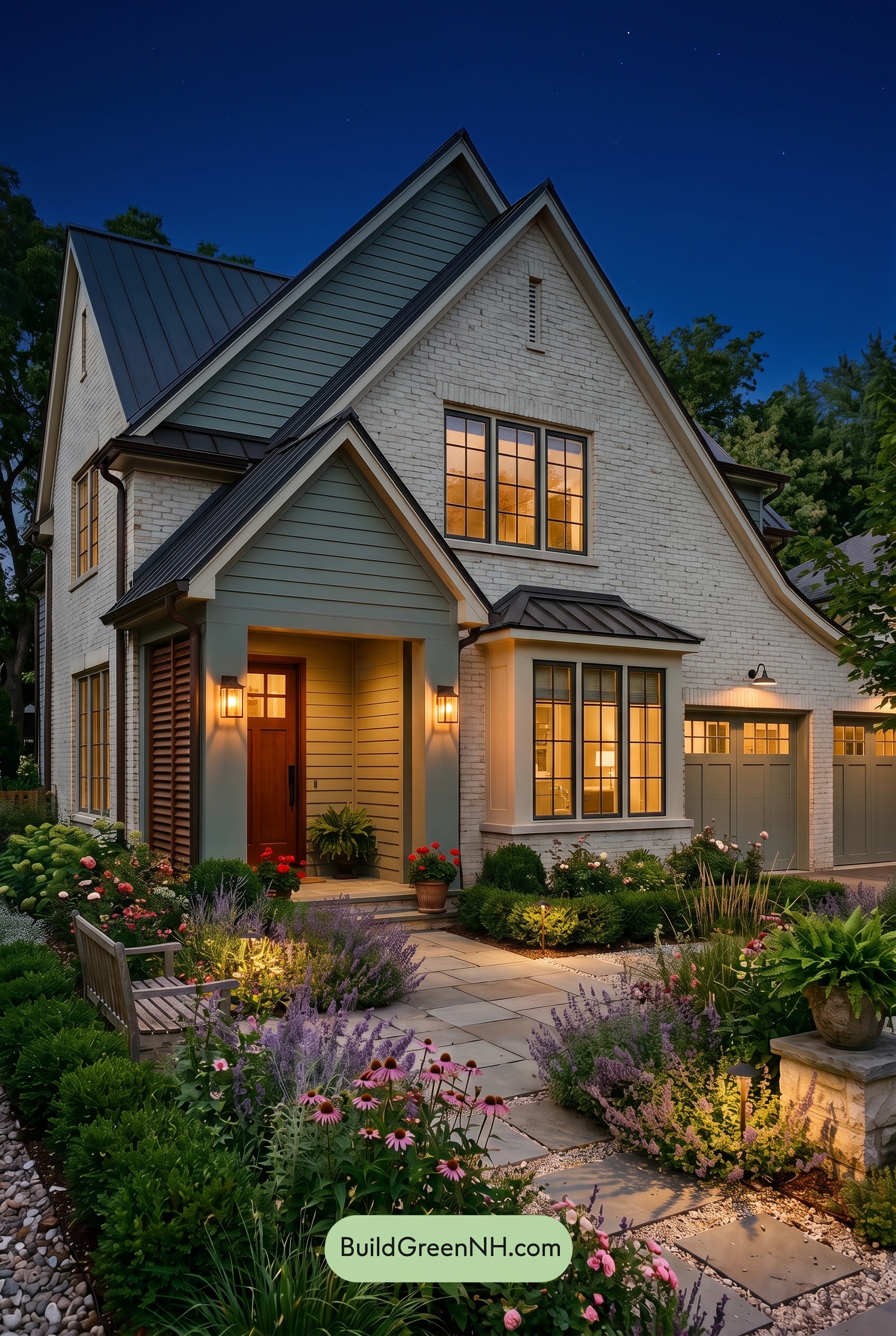 Cream Brick House Exterior Color Scheme: Juniper Gable Glow - Nighttime