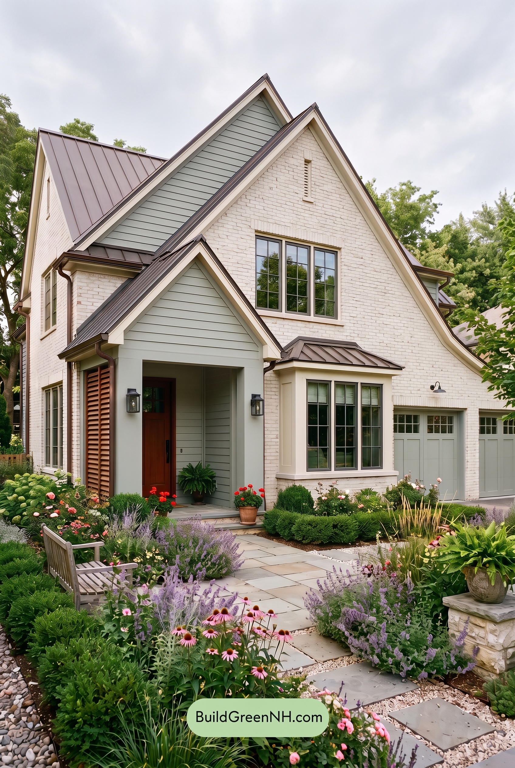 Cream Brick House Exterior Color Scheme: Juniper Gable Glow - Overcast