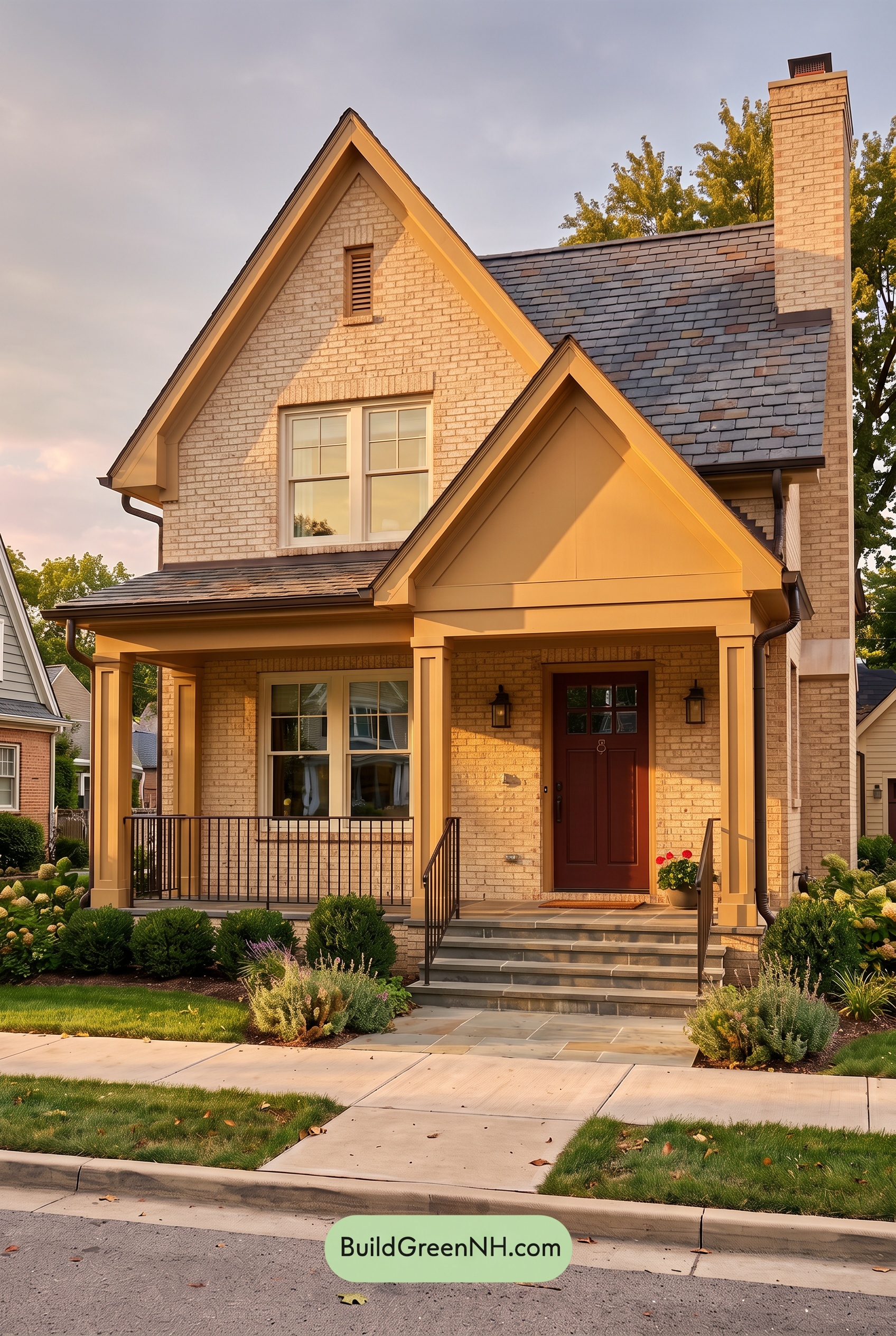 Cream Brick House Exterior Color Scheme: Marigold Porch Signal - Golden Hour