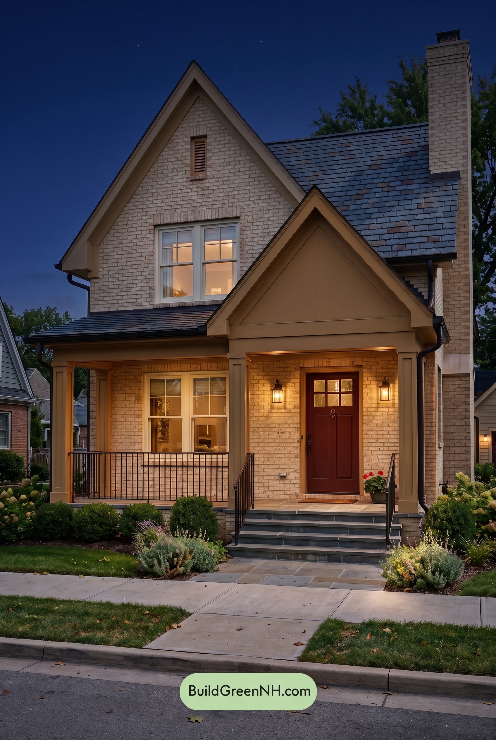 Cream Brick House Exterior Color Scheme: Marigold Porch Signal - Nighttime