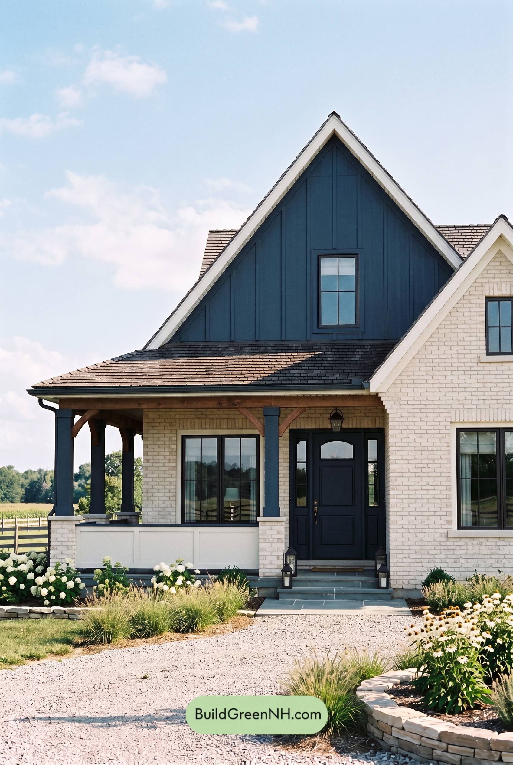 Cream Brick House Exterior Color Scheme: Midnight Veranda Note