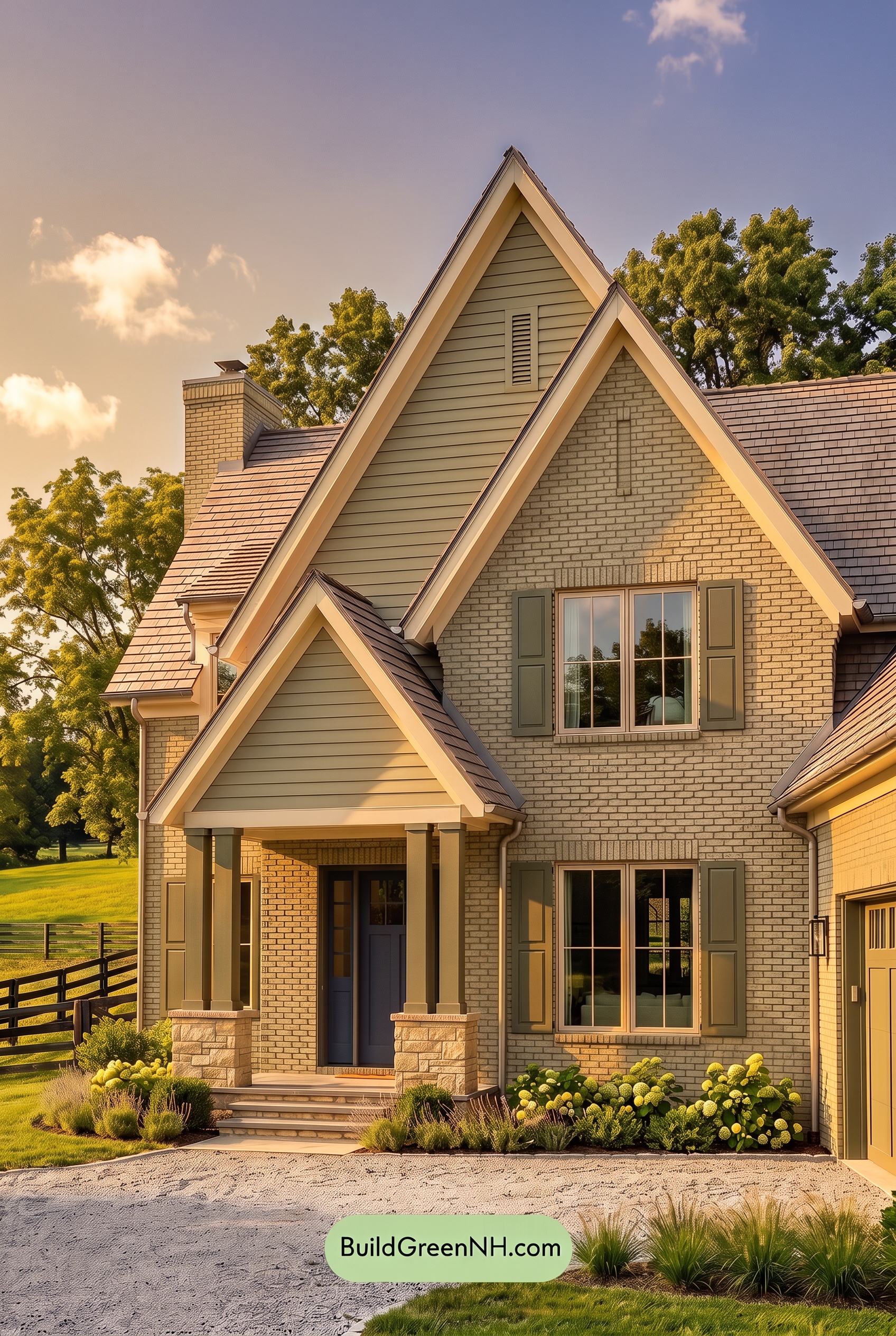 Cream Brick House Exterior Color Scheme: Moss Gable Haven - Golden Hour