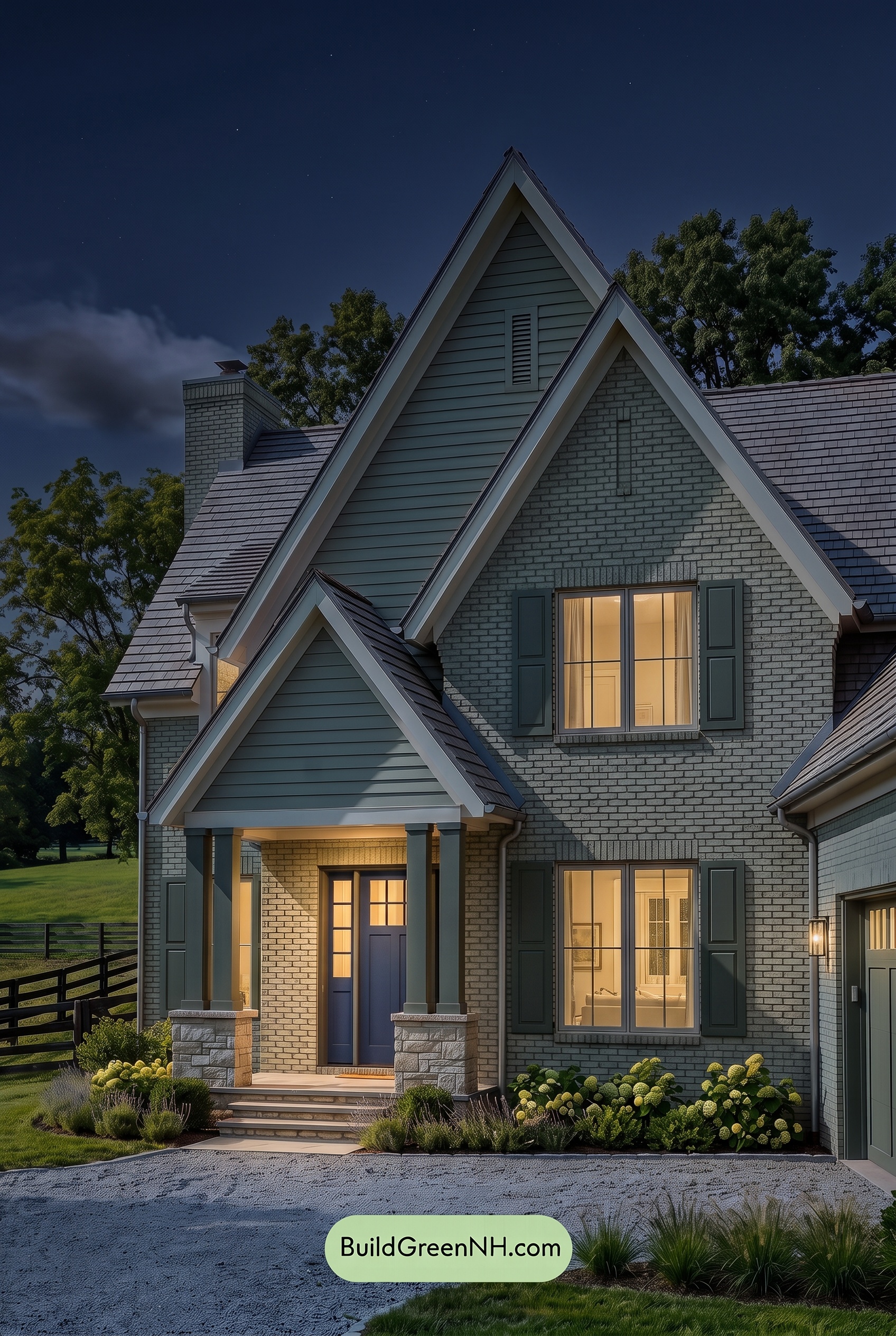 Cream Brick House Exterior Color Scheme: Moss Gable Haven - Nighttime