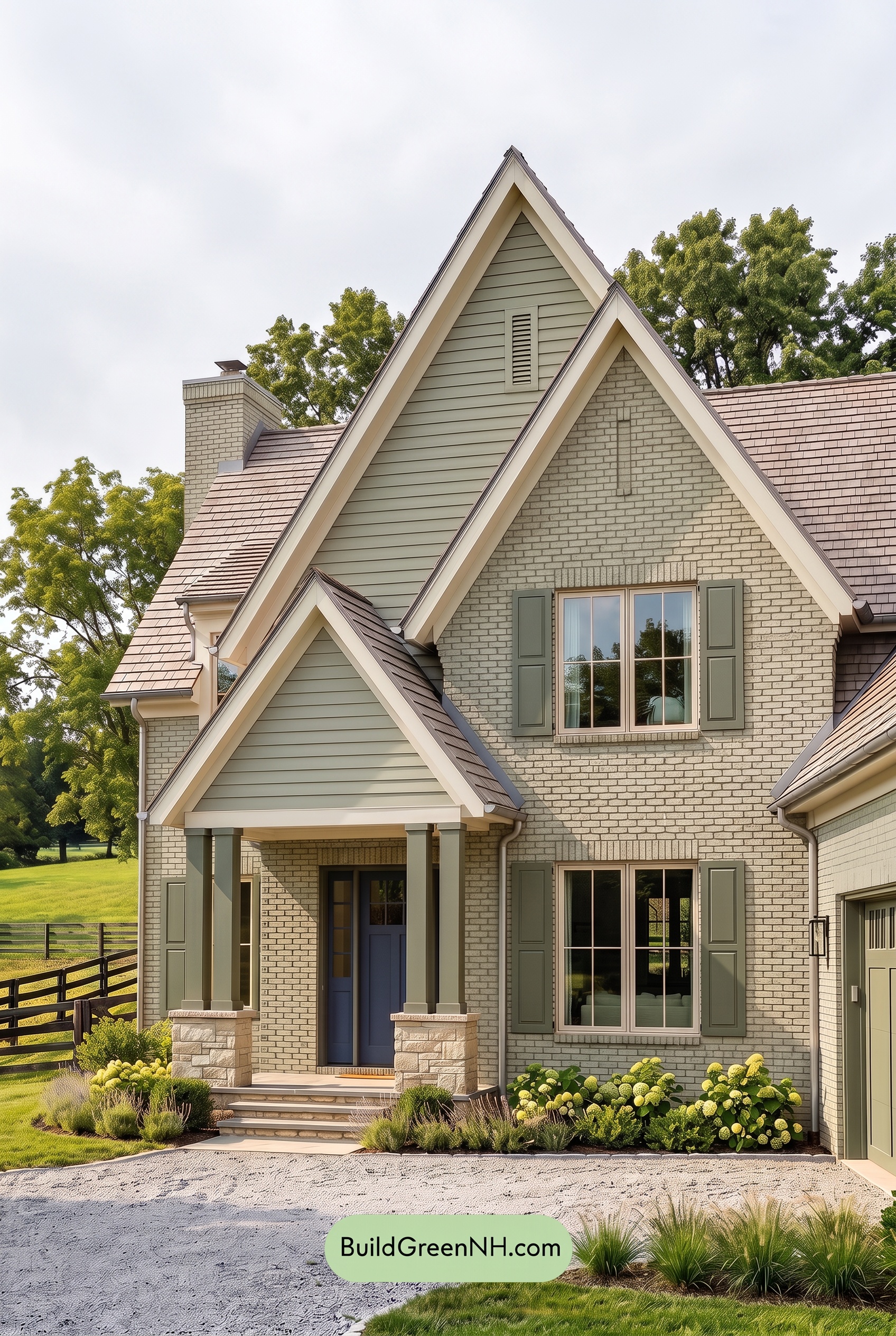Cream Brick House Exterior Color Scheme: Moss Gable Haven - Overcast