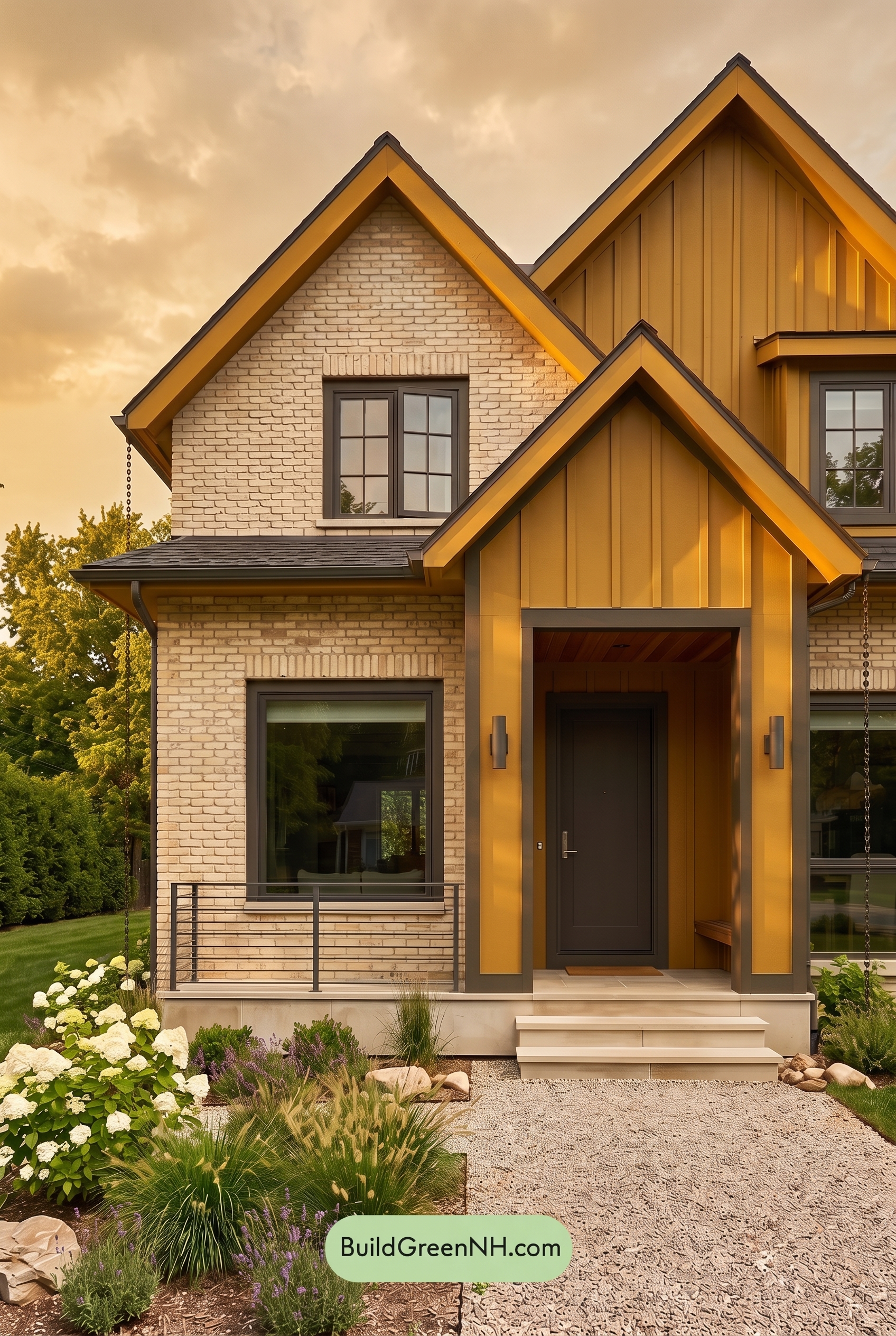 Cream Brick House Exterior Color Scheme: Ochre Quietline - Golden Hour