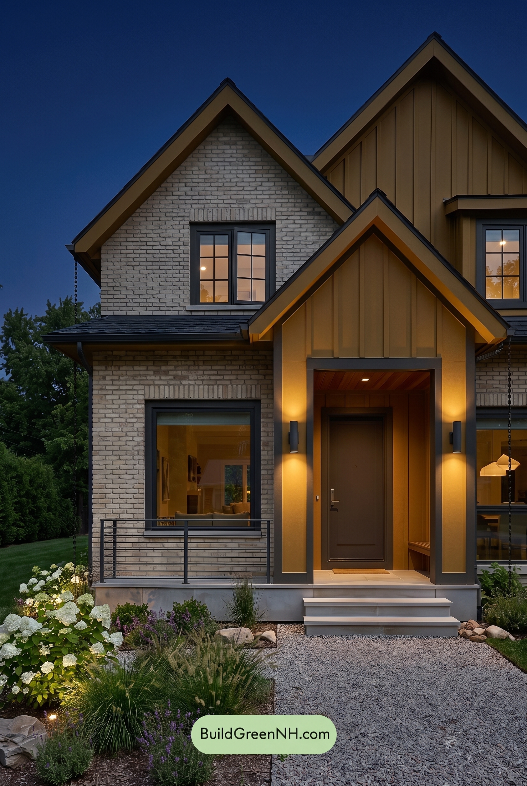 Cream Brick House Exterior Color Scheme: Ochre Quietline - Nighttime