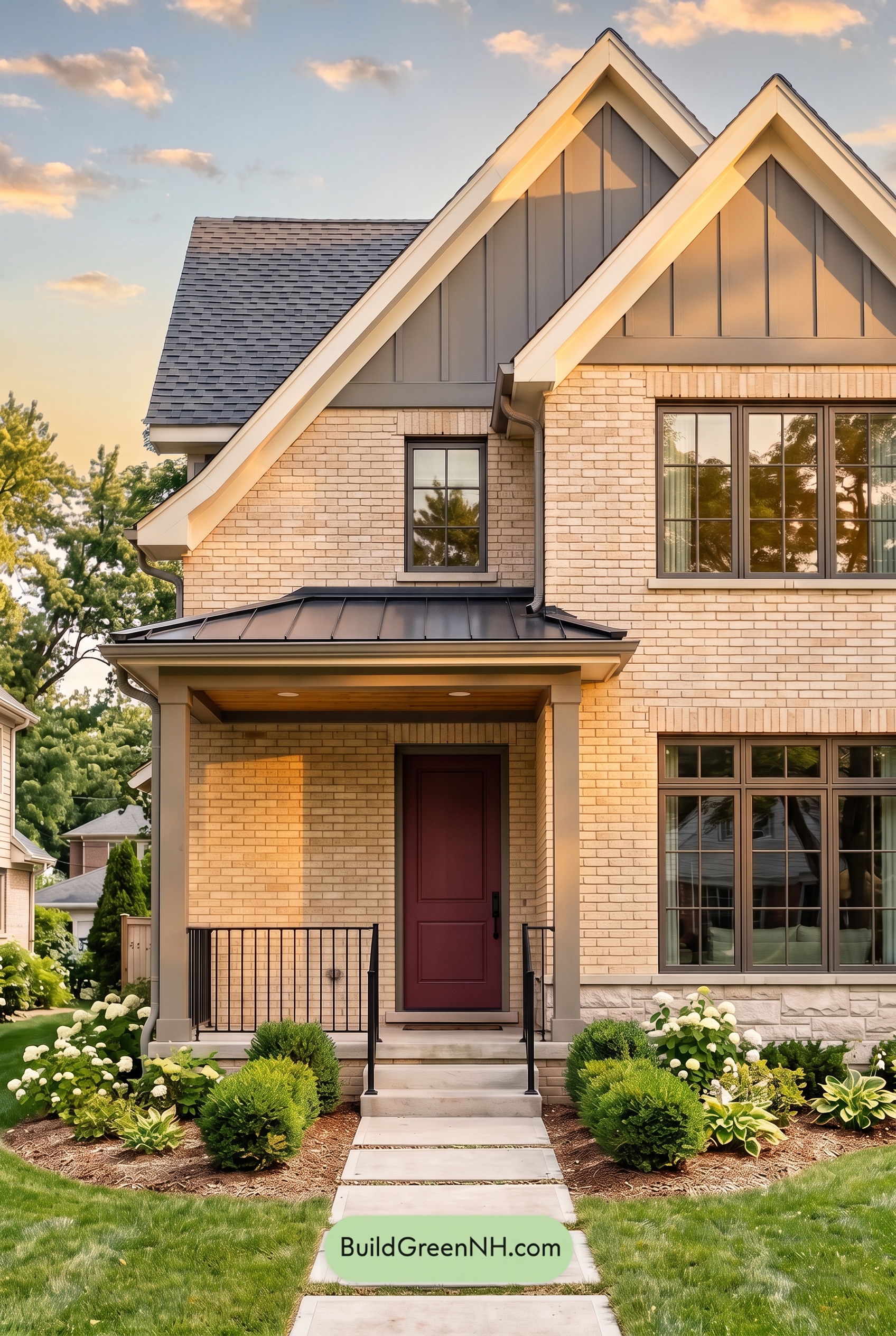 Cream Brick House Exterior Color Scheme: Pewter Lantern House - Golden Hour