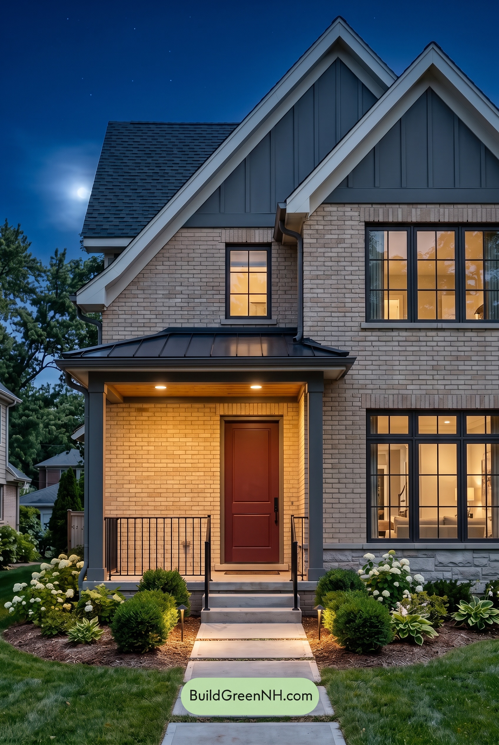 Cream Brick House Exterior Color Scheme: Pewter Lantern House - Nighttime