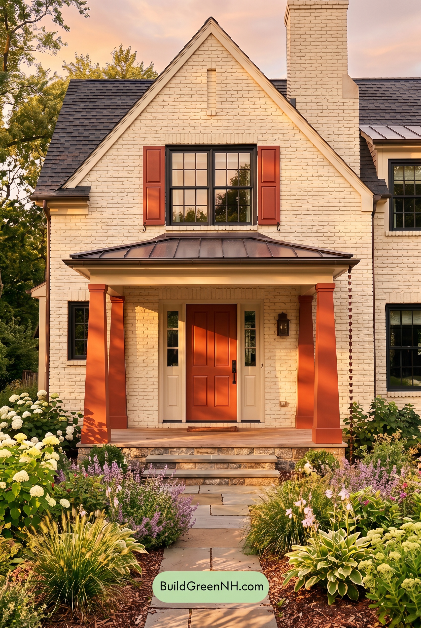 Cream Brick House Exterior Color Scheme: Ruby Portico Measure - Golden Hour