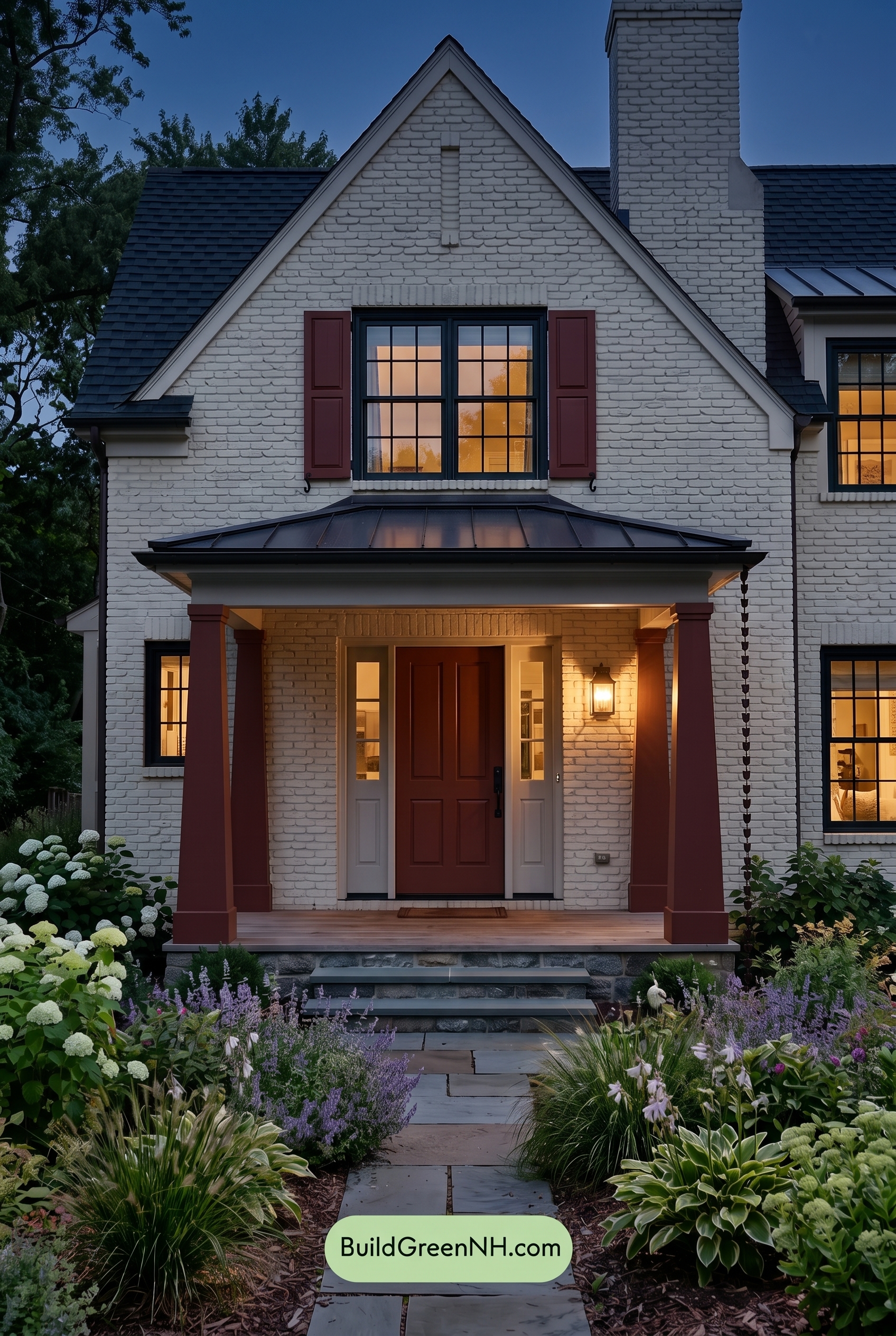 Cream Brick House Exterior Color Scheme: Ruby Portico Measure - Nighttime