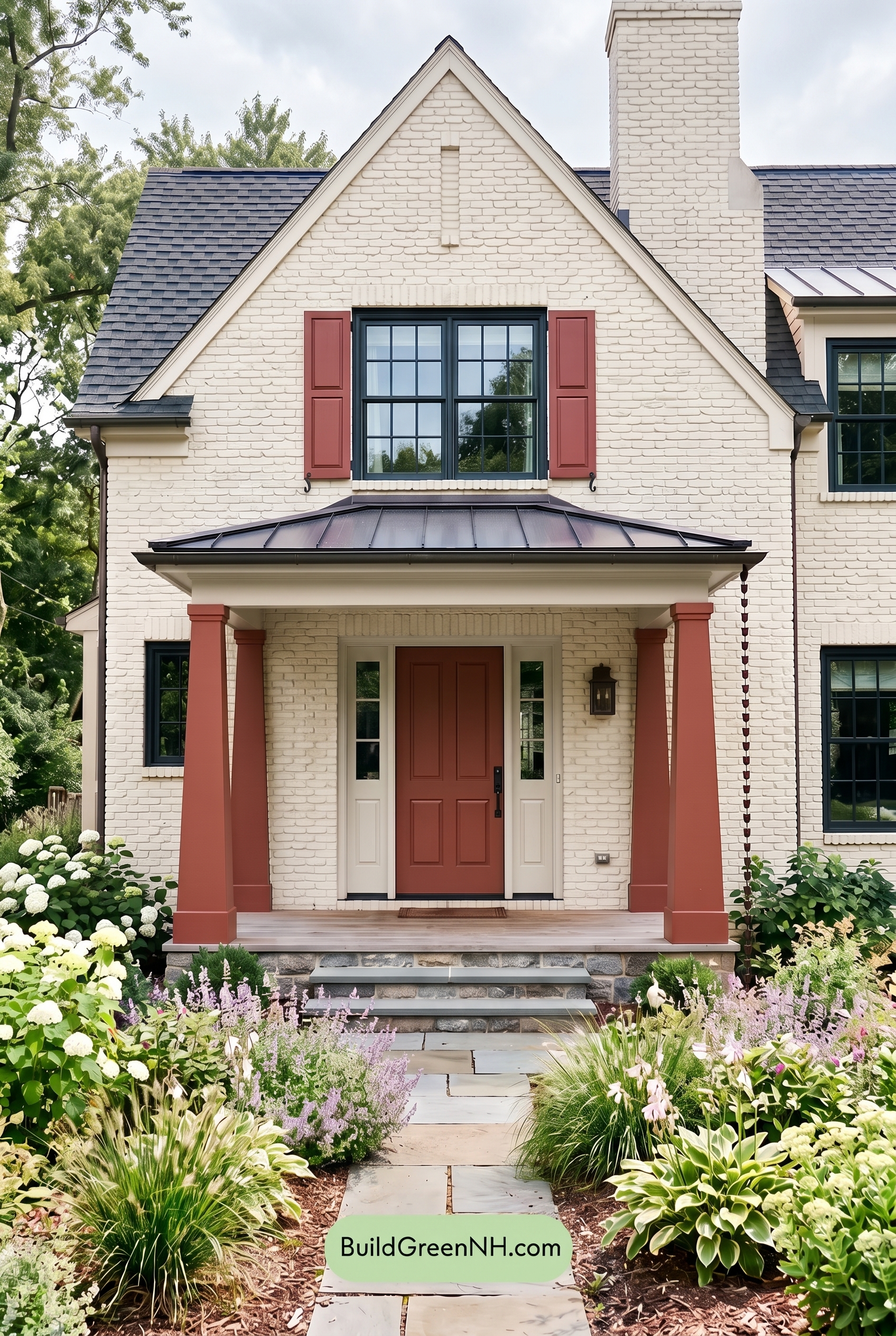Cream Brick House Exterior Color Scheme: Ruby Portico Measure - Overcast
