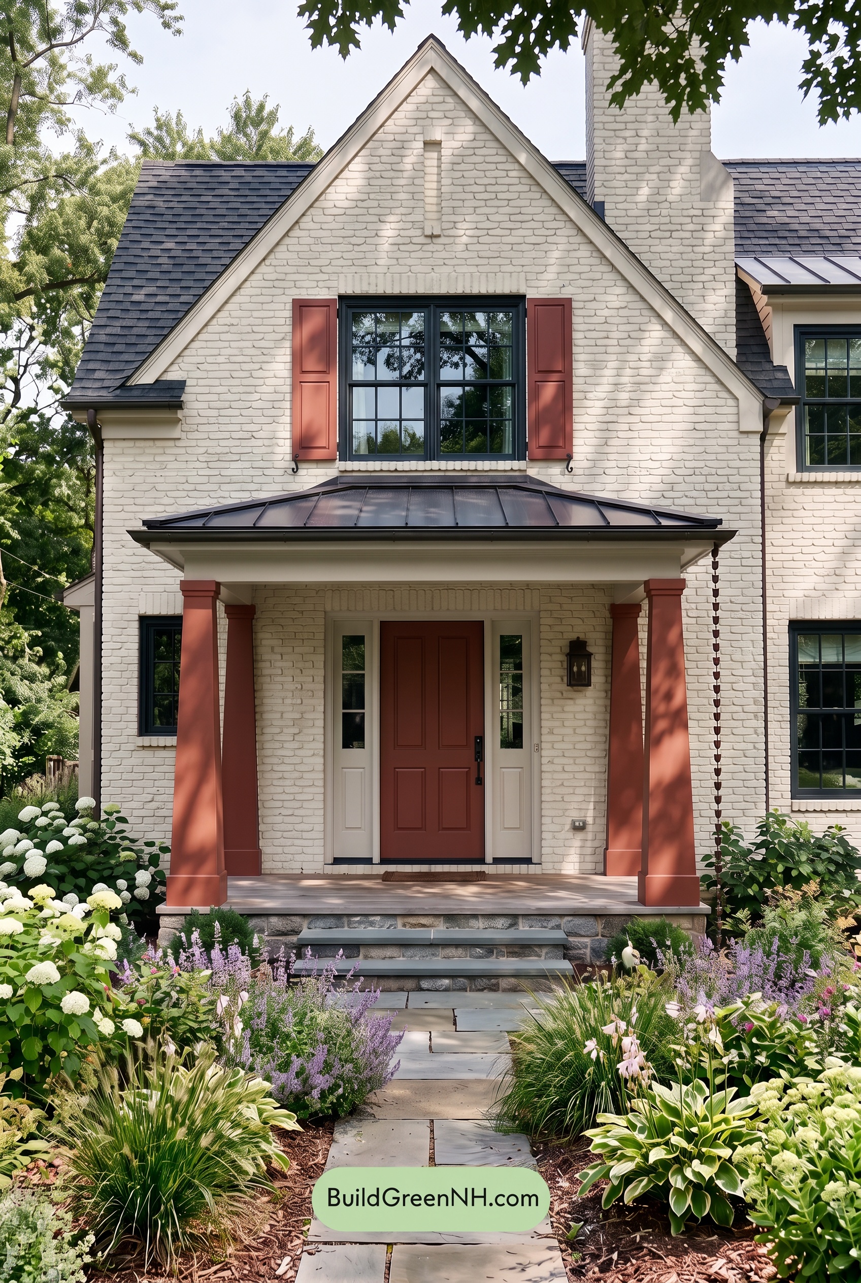 Cream Brick House Exterior Color Scheme: Ruby Portico Measure - Shade