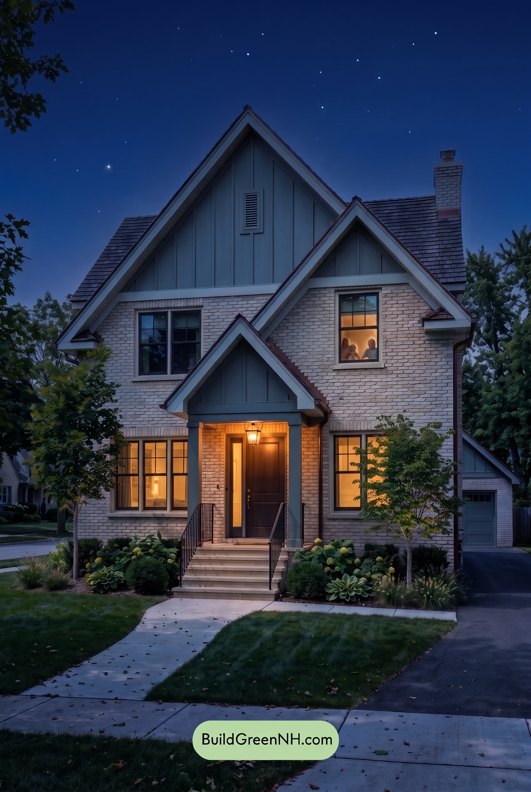 Cream Brick House Exterior Color Scheme: Sage Brick Poise - Nighttime