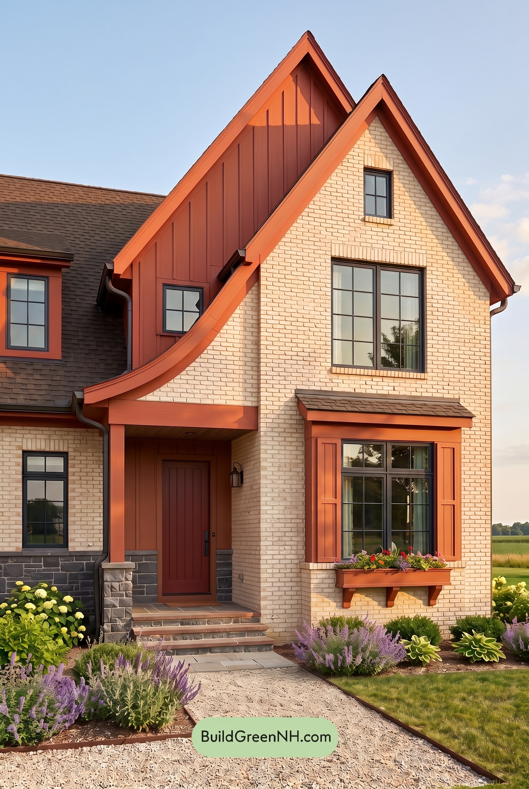 Cream Brick House Exterior Color Scheme: Vermilion Gable Pulse - Golden Hour