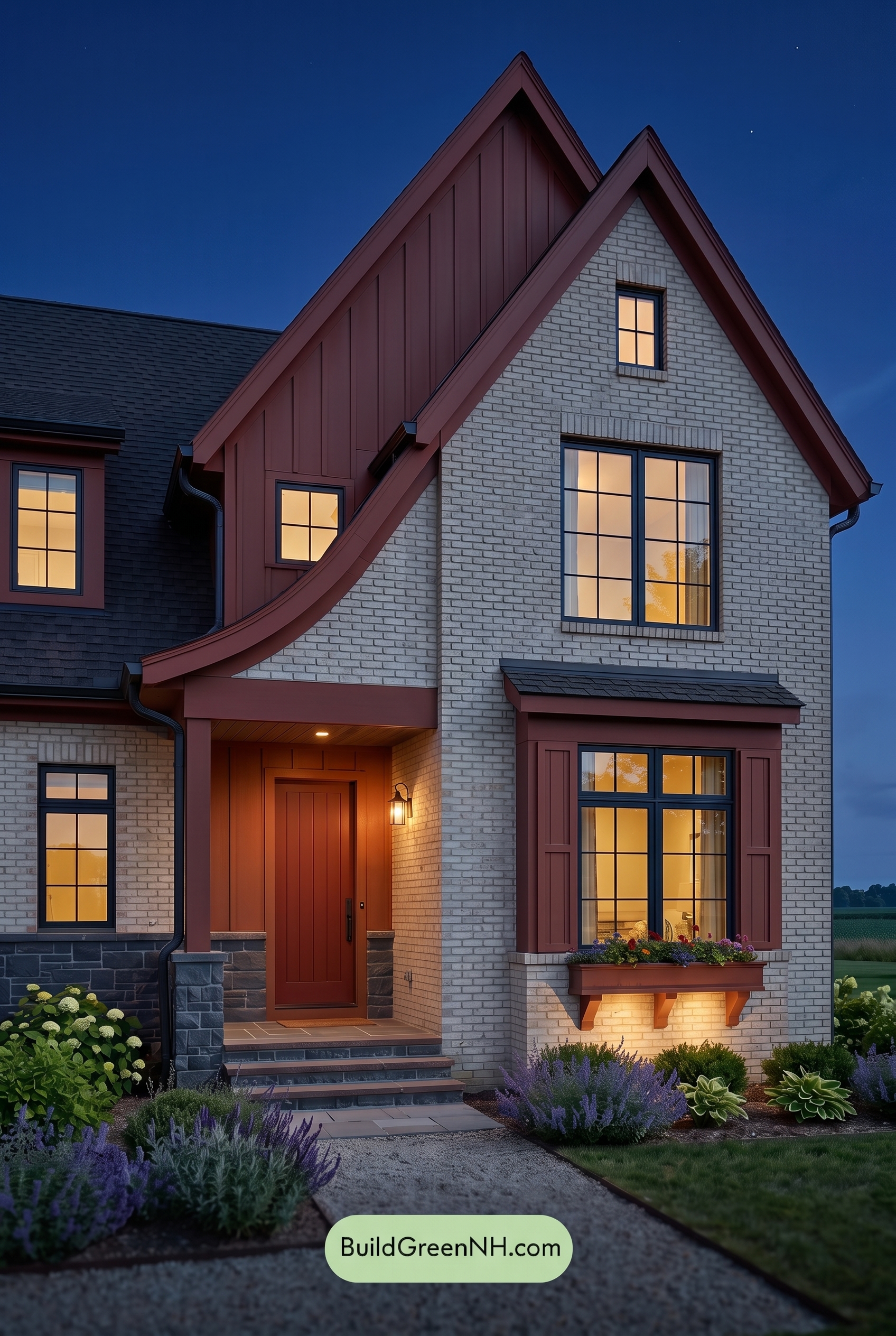 Cream Brick House Exterior Color Scheme: Vermilion Gable Pulse - Nighttime