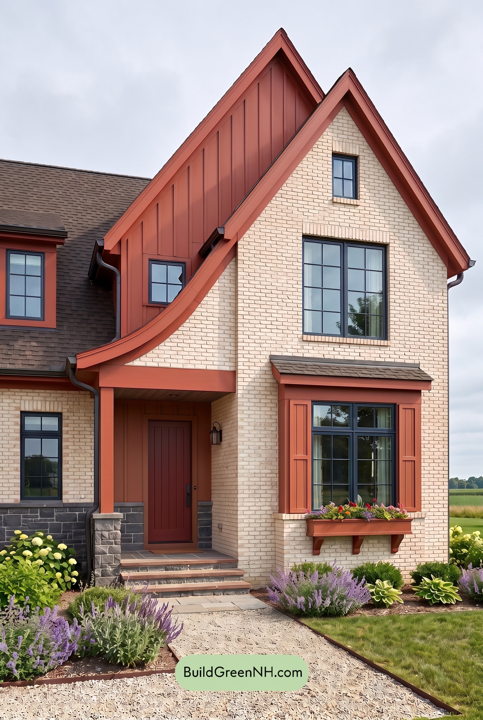 Cream Brick House Exterior Color Scheme: Vermilion Gable Pulse - Overcast