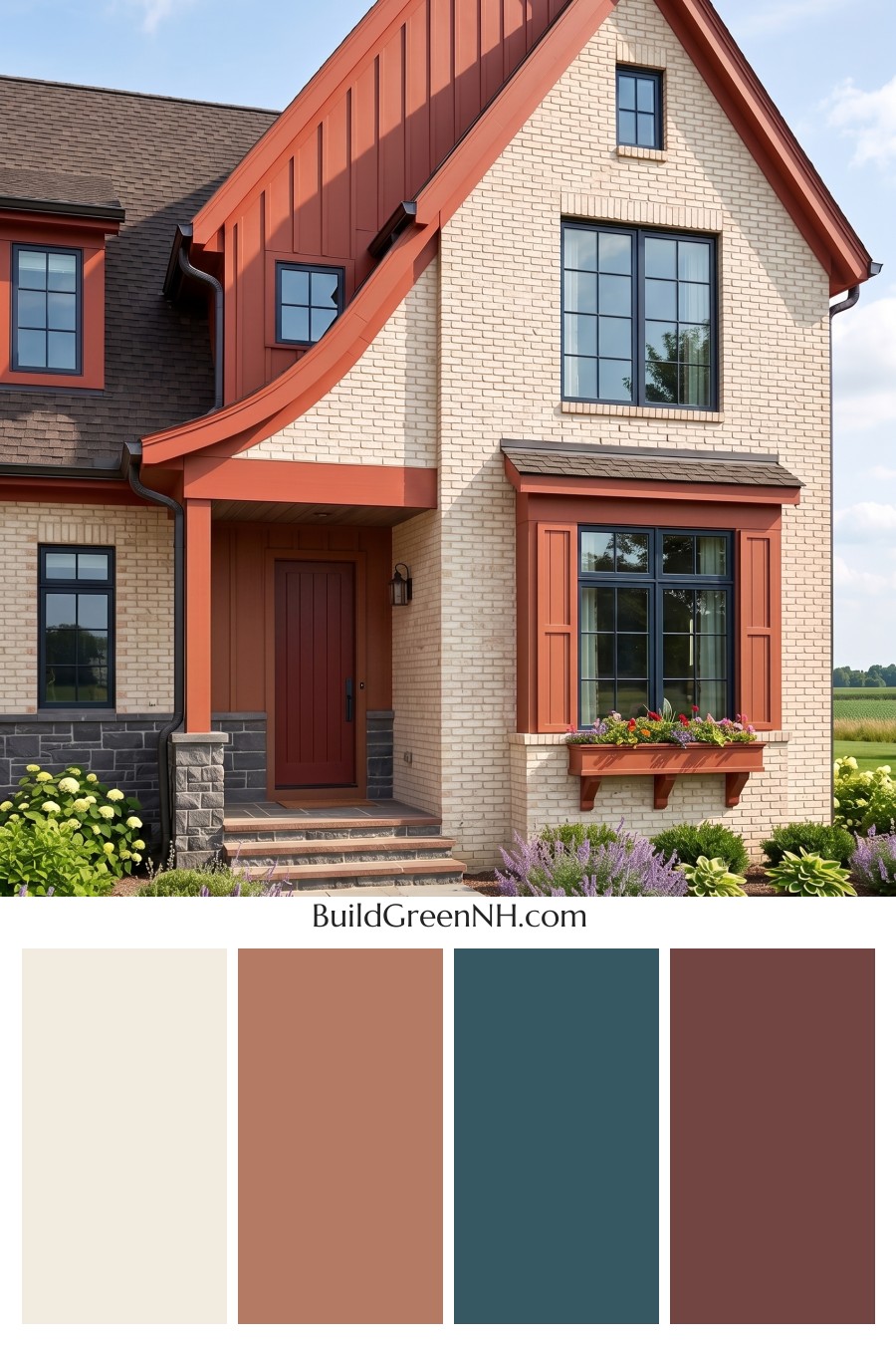Cream Brick House Exterior Color Scheme: Vermilion Gable Pulse