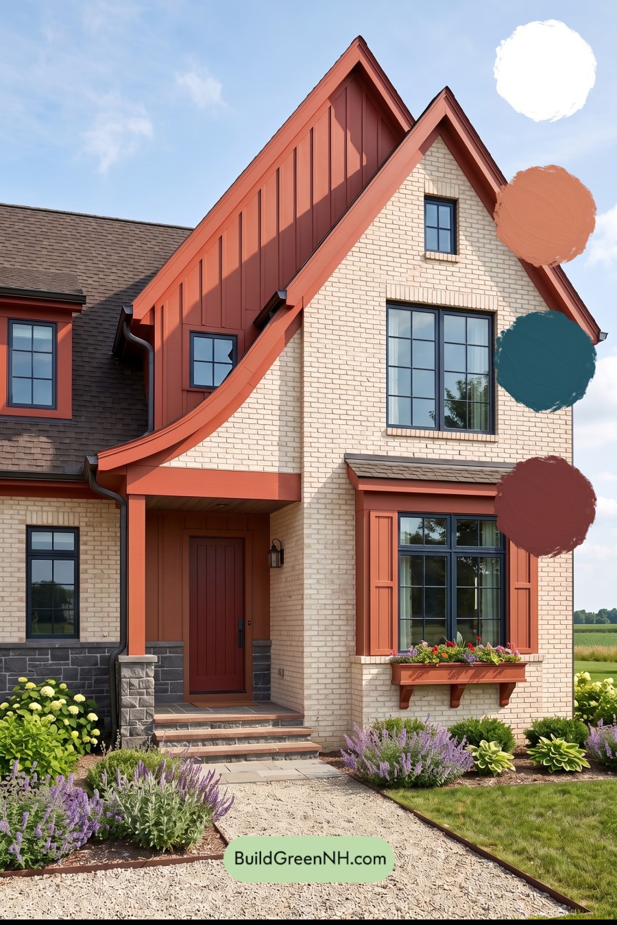 Cream Brick House Exterior Color Scheme: Vermilion Gable Pulse