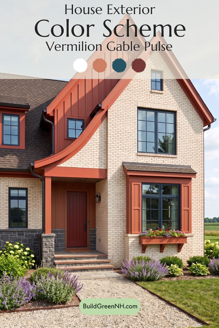 Cream Brick House Exterior Color Scheme: Vermilion Gable Pulse