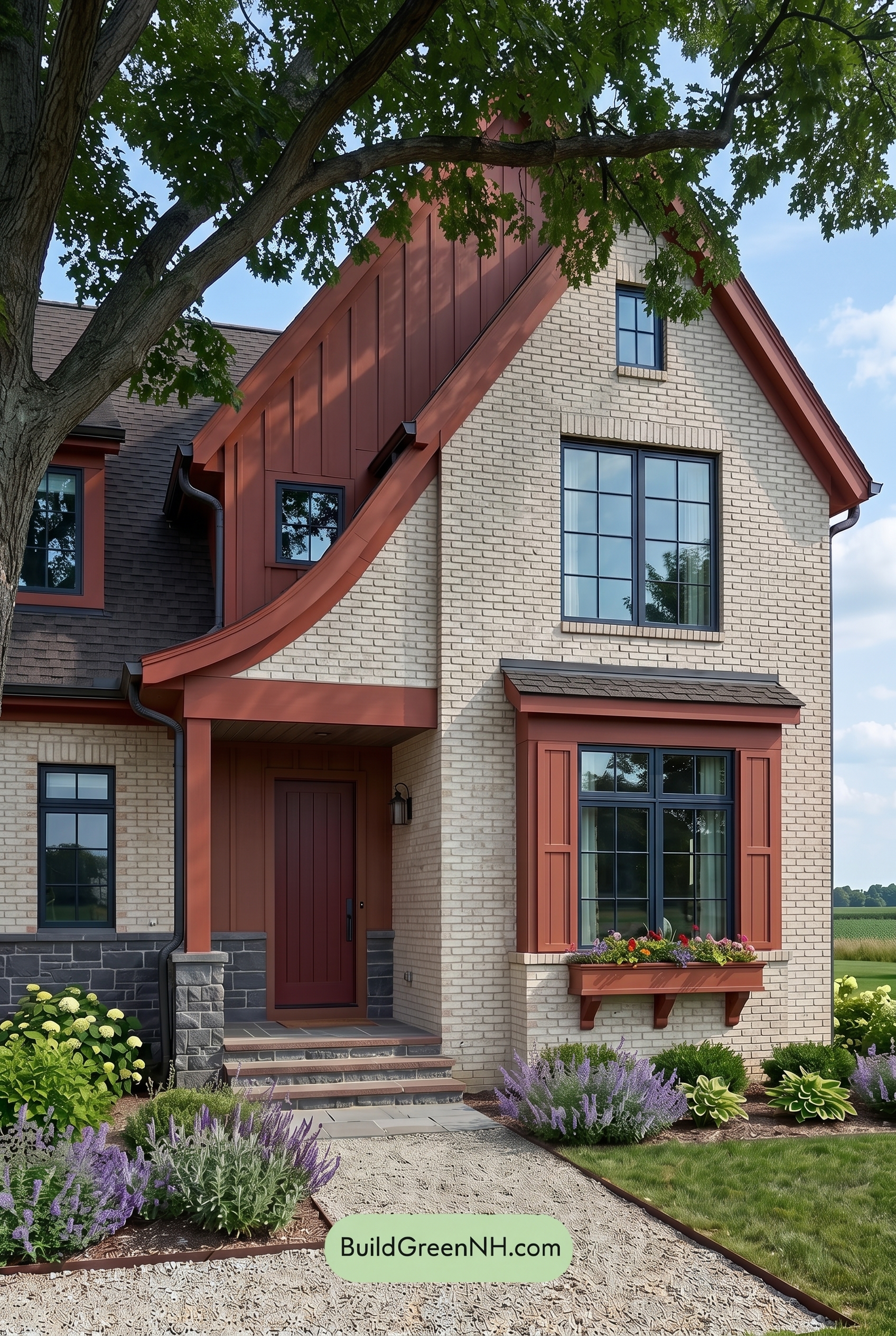 Cream Brick House Exterior Color Scheme: Vermilion Gable Pulse - Shade