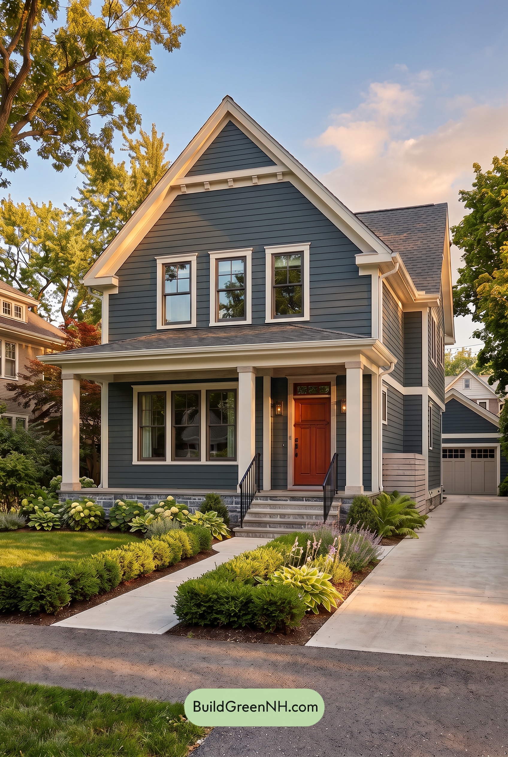 Dark Blue House Exterior with Wood Color Scheme: Blue Ash Threshold - Golden Hour
