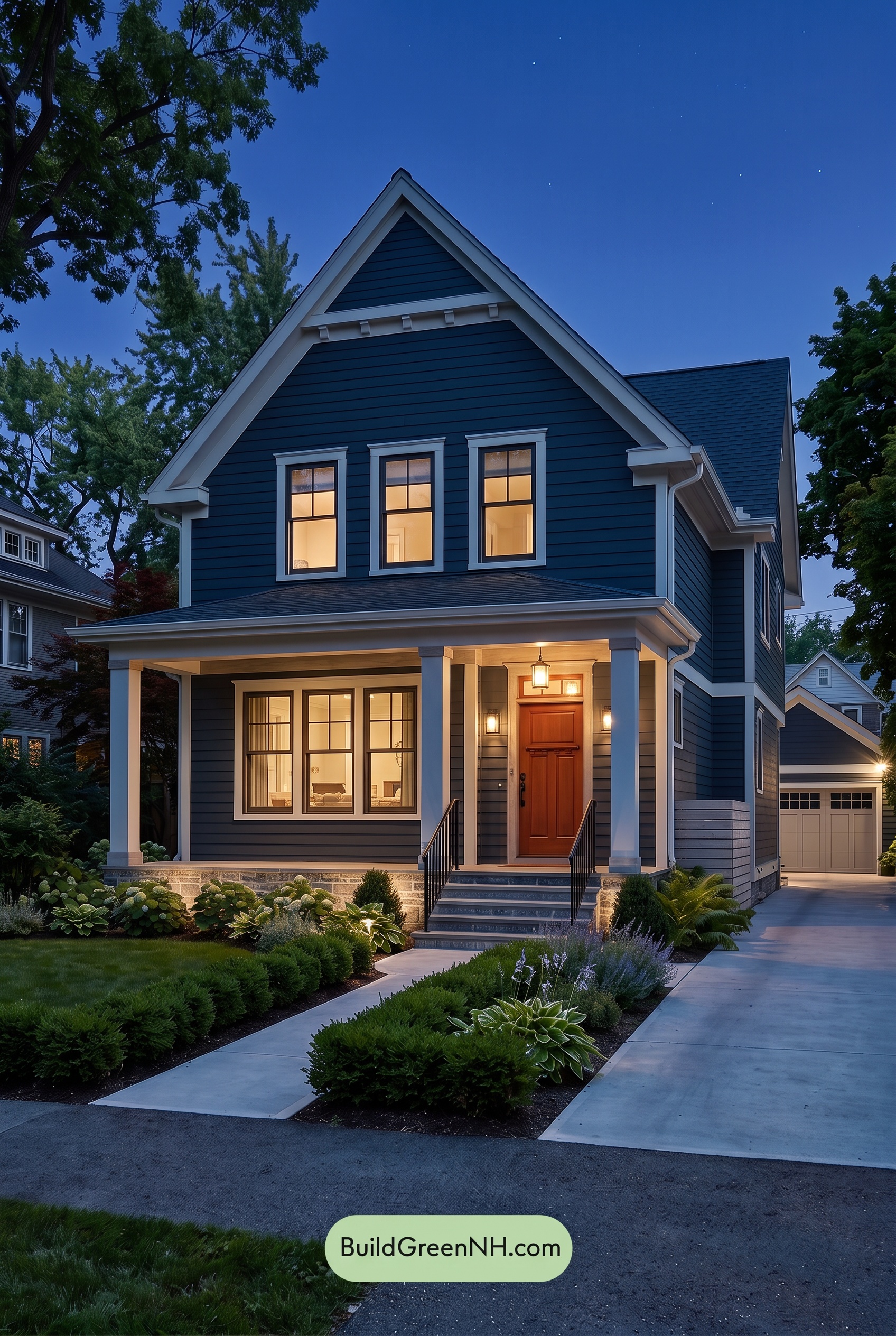 Dark Blue House Exterior with Wood Color Scheme: Blue Ash Threshold - Nighttime