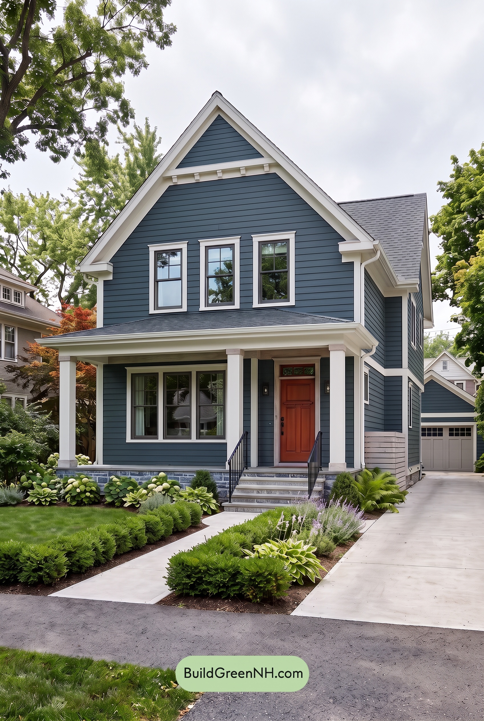 Dark Blue House Exterior with Wood Color Scheme: Blue Ash Threshold - Overcast