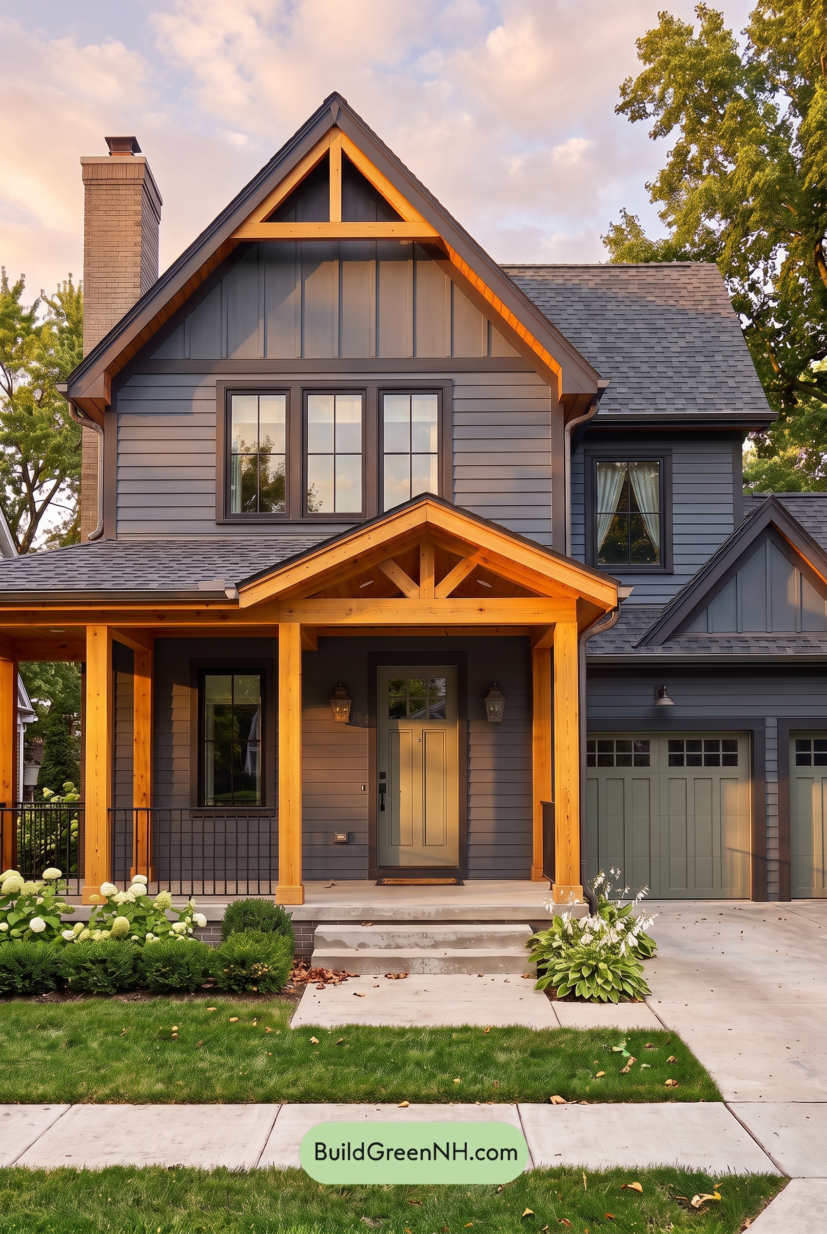 Dark Blue House Exterior with Wood Color Scheme: Blue Clay Lantern - Golden Hour