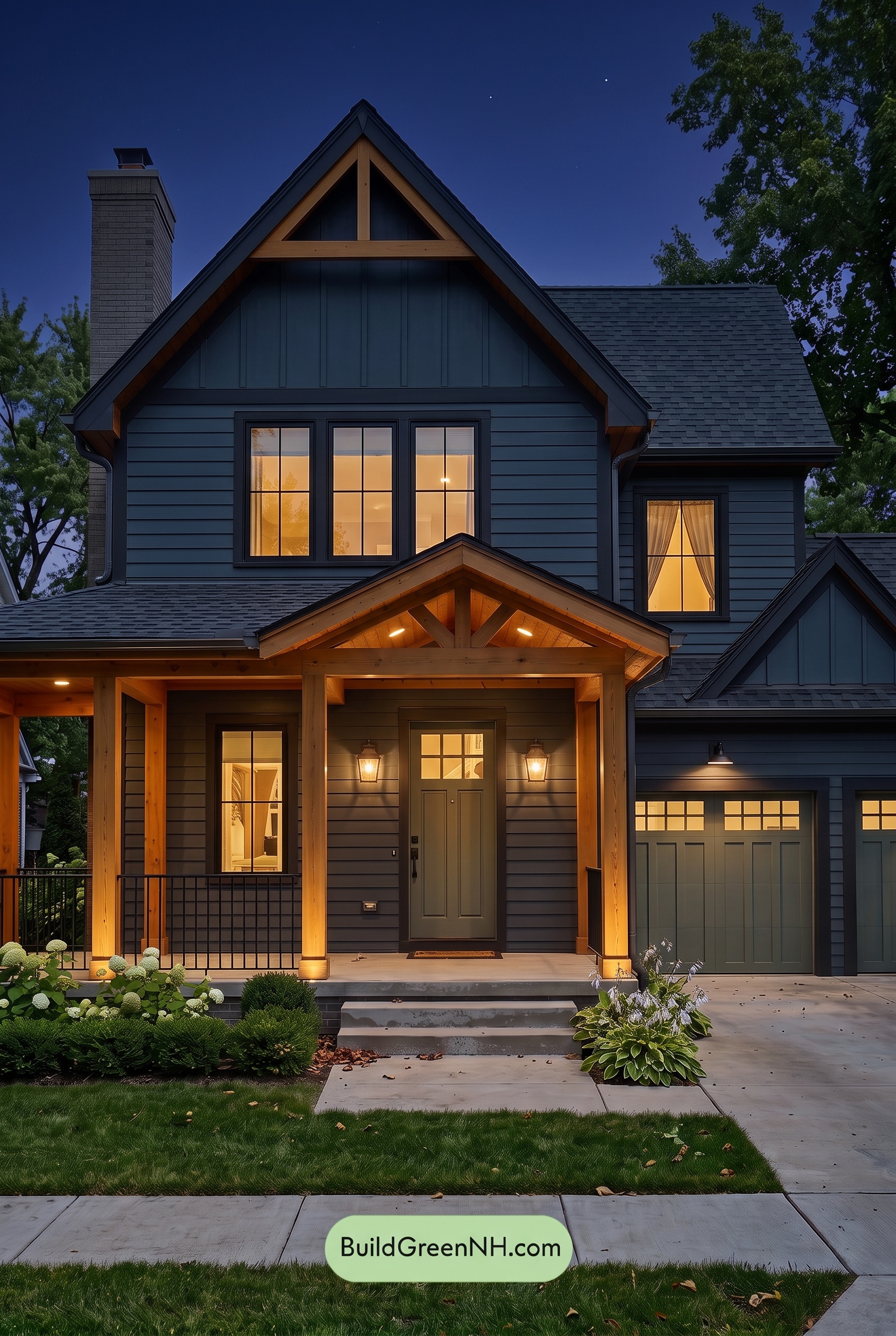 Dark Blue House Exterior with Wood Color Scheme: Blue Clay Lantern - Nighttime
