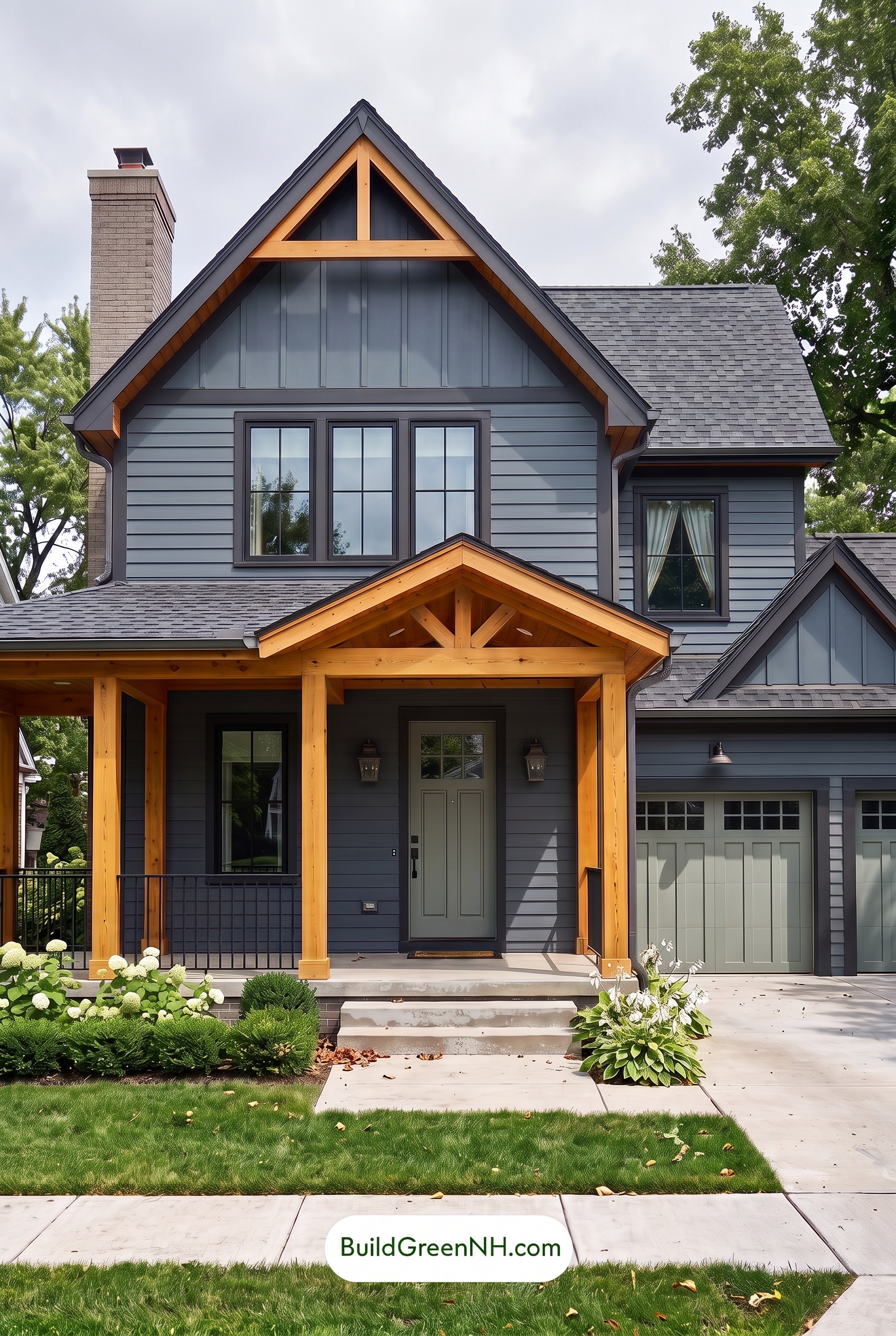 Dark Blue House Exterior with Wood Color Scheme: Blue Clay Lantern - Overcast
