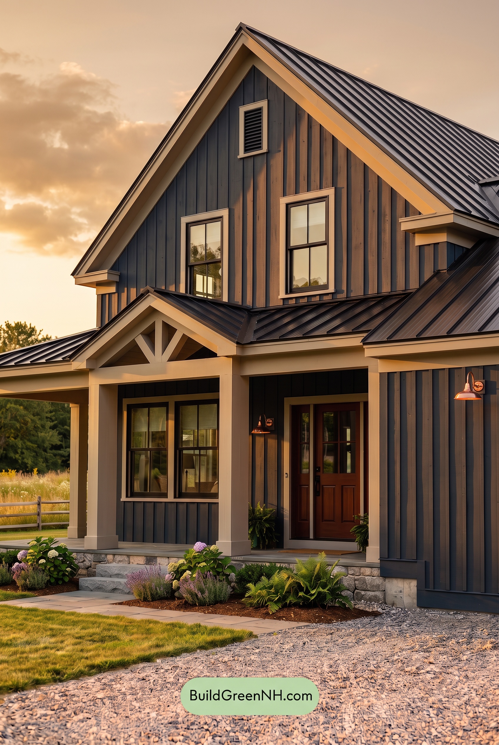 Dark Blue House Exterior with Wood Color Scheme: Blue Iron Velvet - Golden Hour