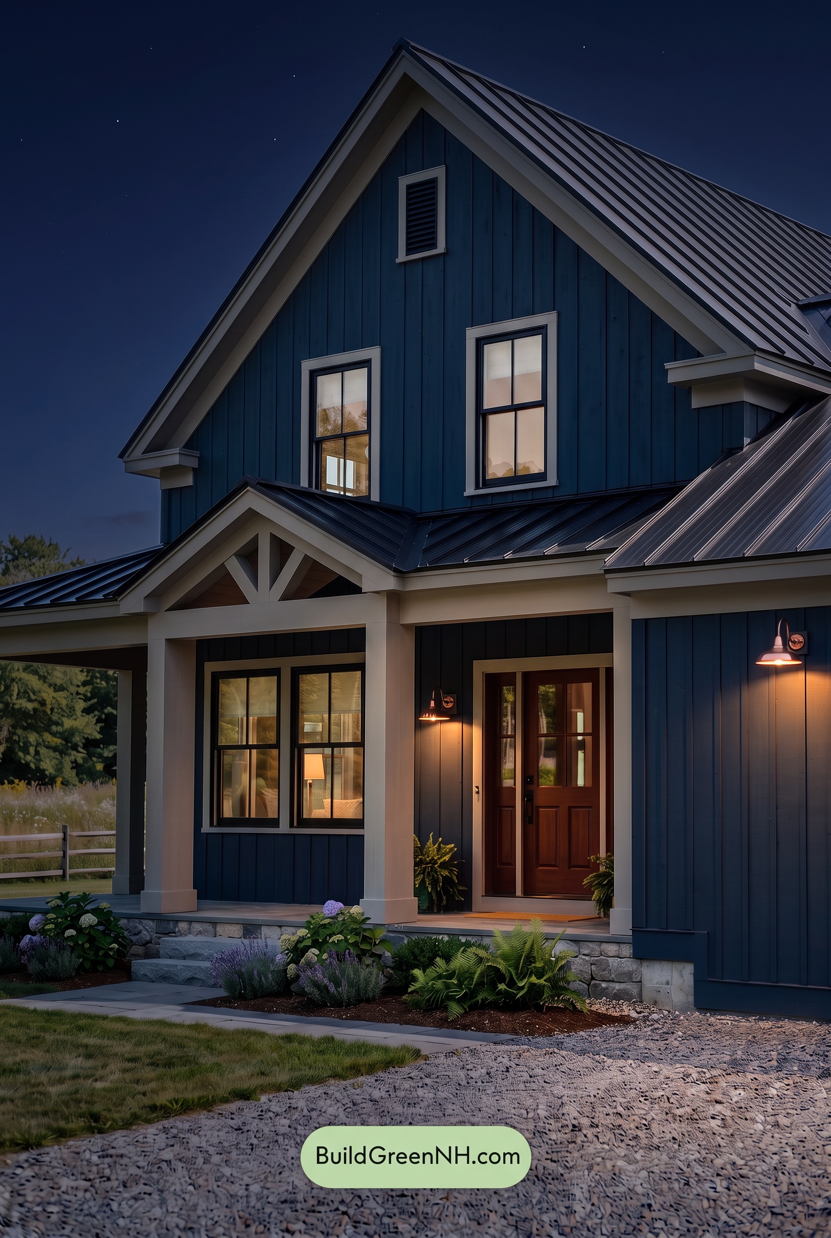Dark Blue House Exterior with Wood Color Scheme: Blue Iron Velvet - Nighttime