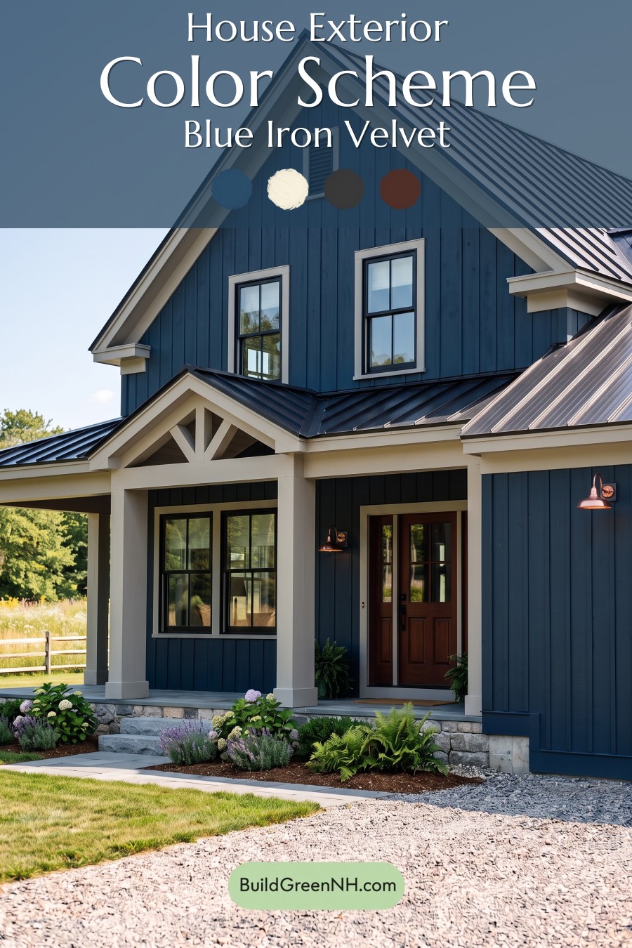 Dark Blue House Exterior with Wood Color Scheme: Blue Iron Velvet