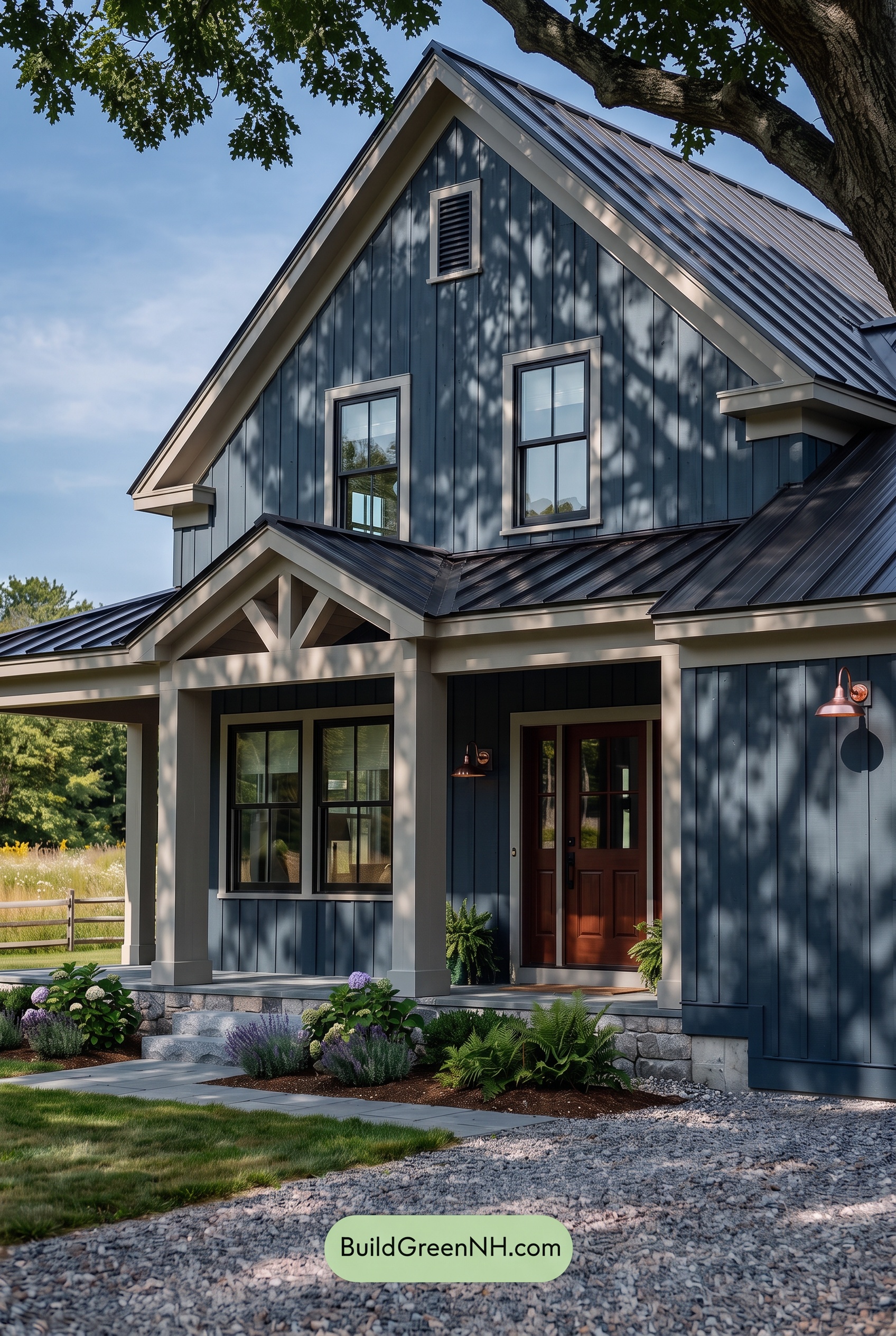 Dark Blue House Exterior with Wood Color Scheme: Blue Iron Velvet - Shade