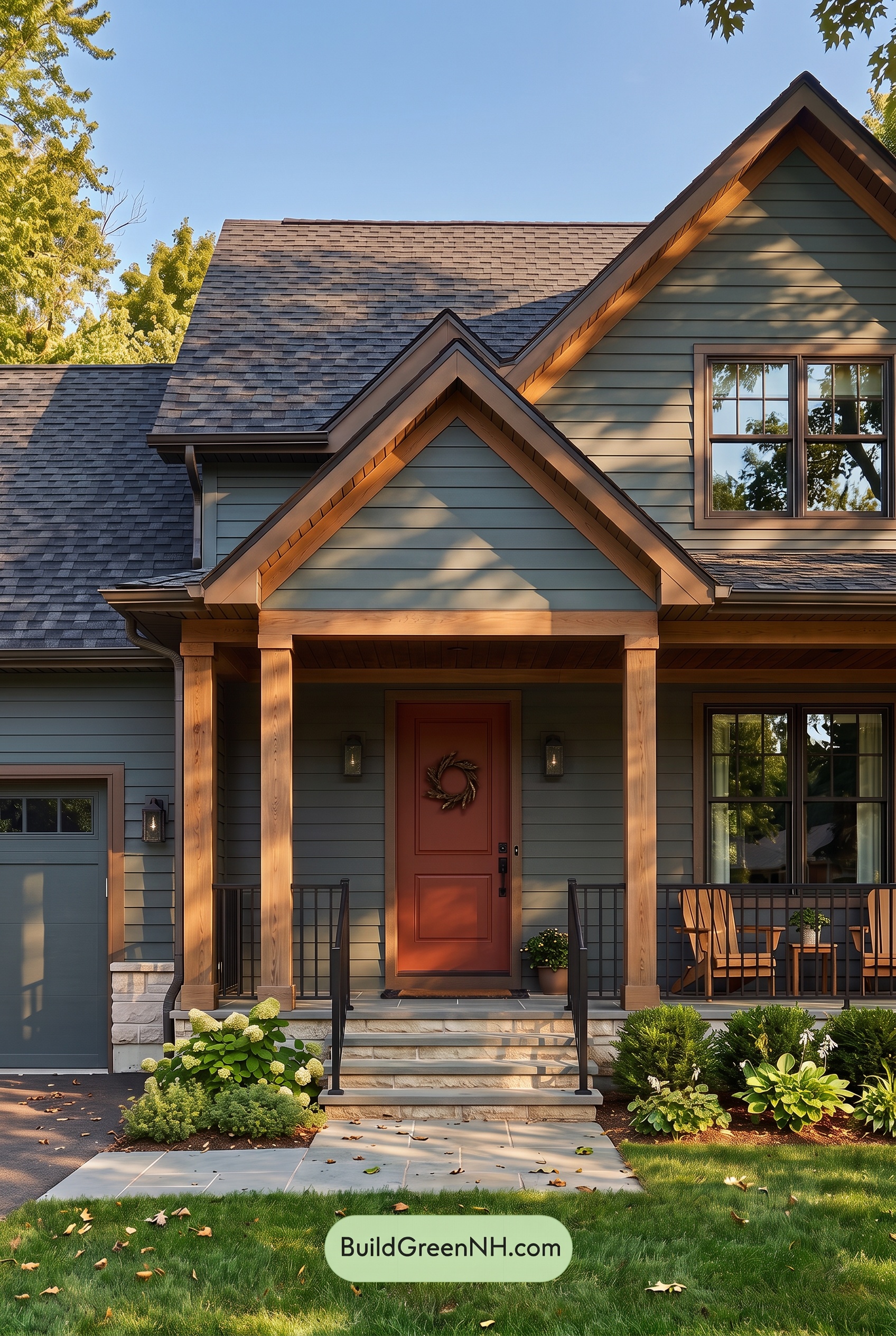 Dark Blue House Exterior with Wood Color Scheme: Blue Sienna Note - Golden Hour