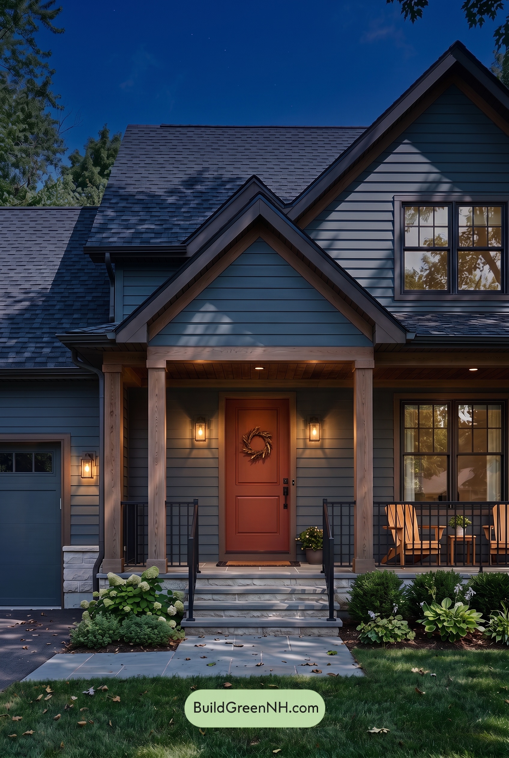 Dark Blue House Exterior with Wood Color Scheme: Blue Sienna Note - Nighttime
