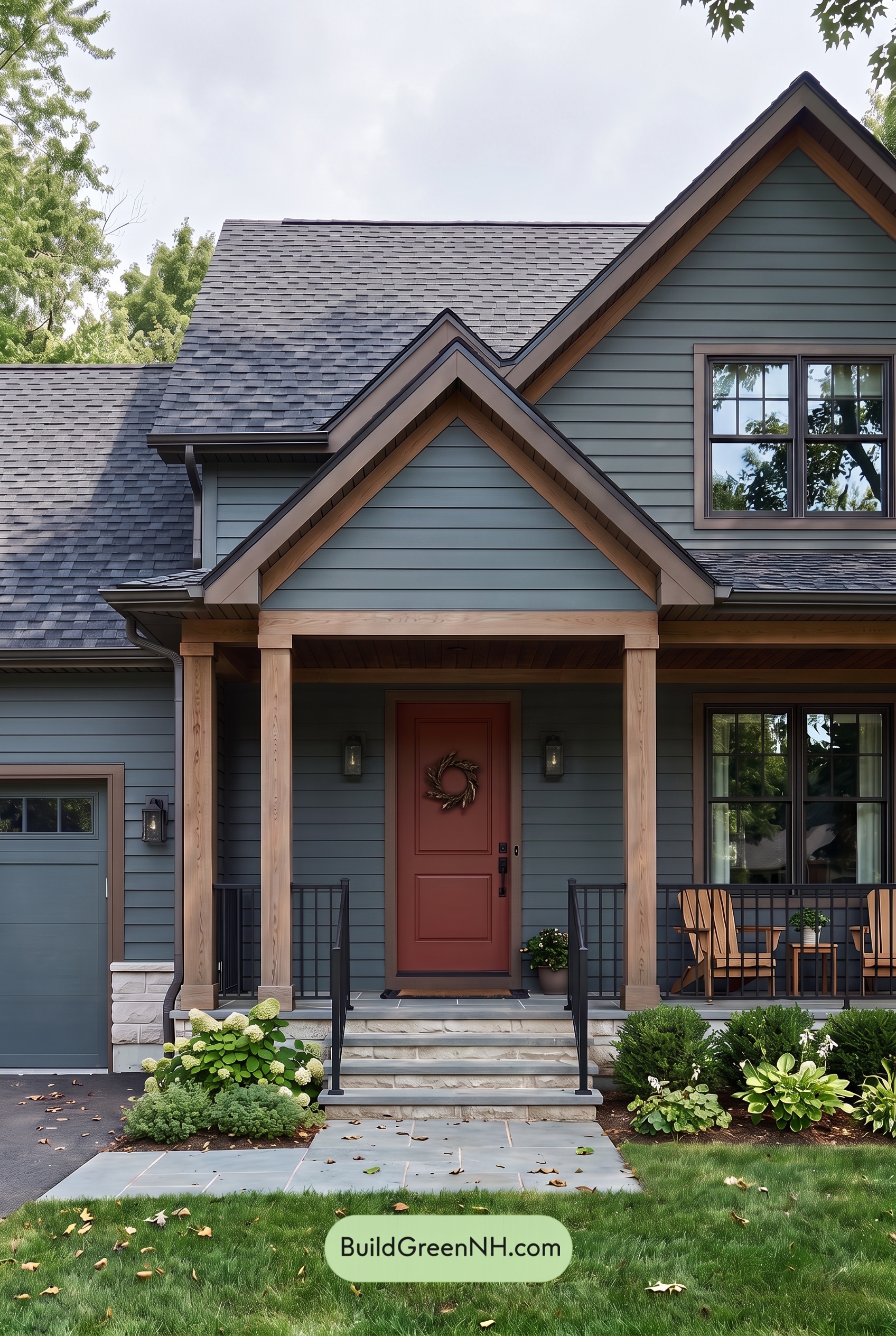 Dark Blue House Exterior with Wood Color Scheme: Blue Sienna Note - Overcast