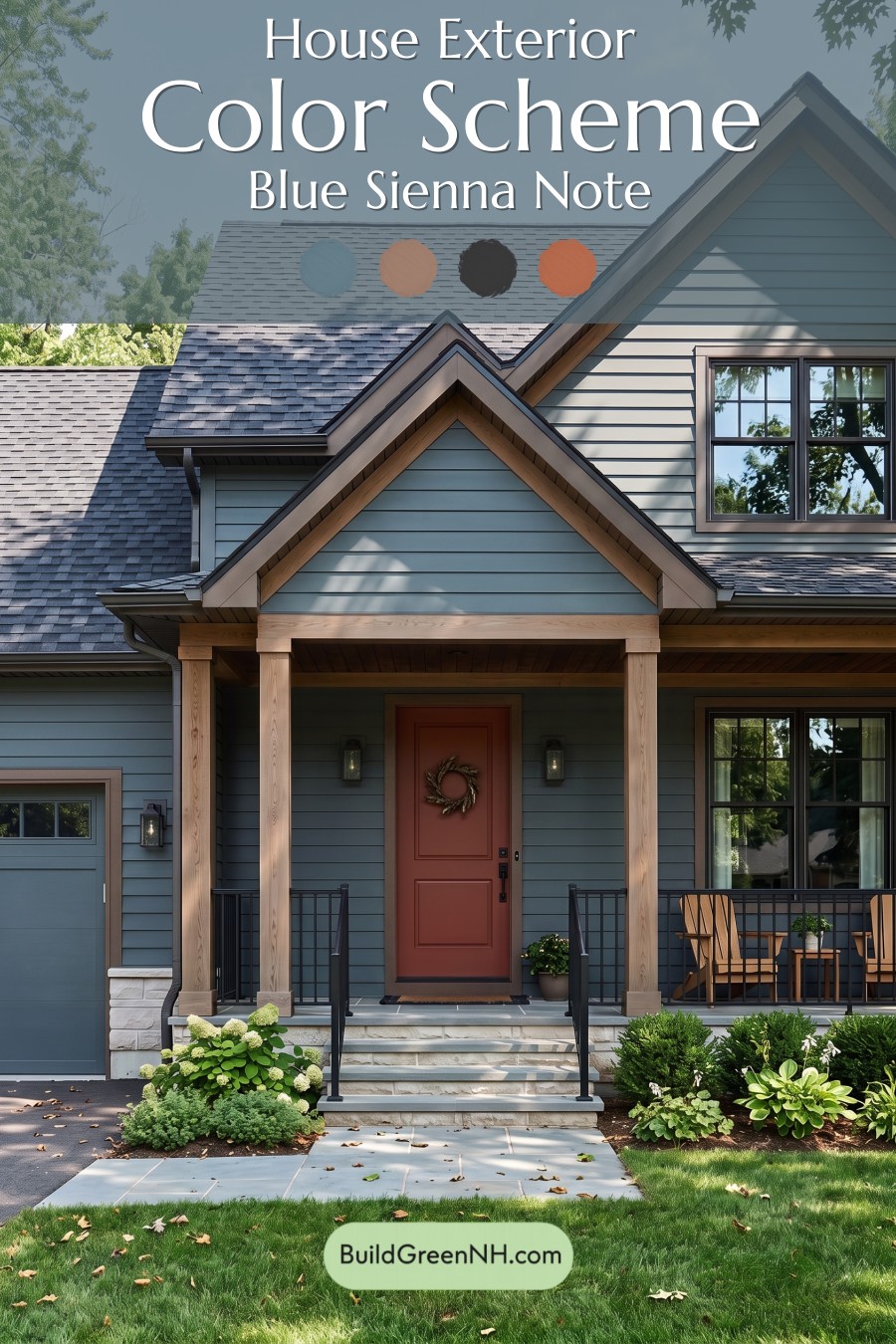 Dark Blue House Exterior with Wood Color Scheme: Blue Sienna Note