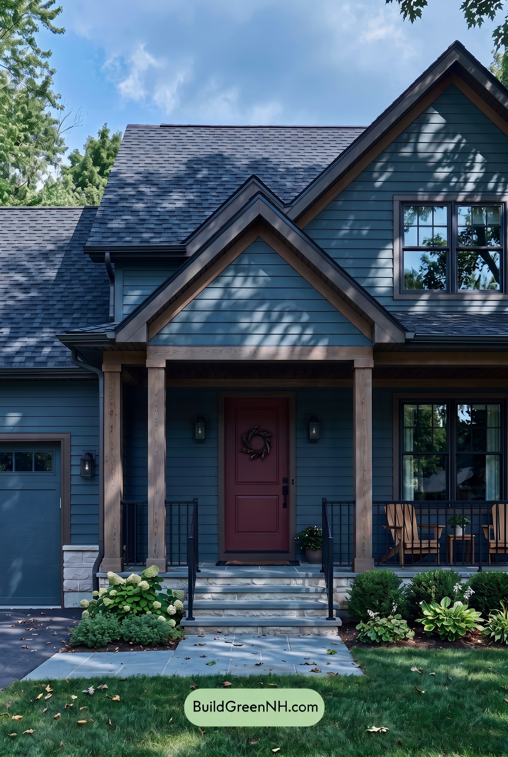 Dark Blue House Exterior with Wood Color Scheme: Blue Sienna Note - Shade