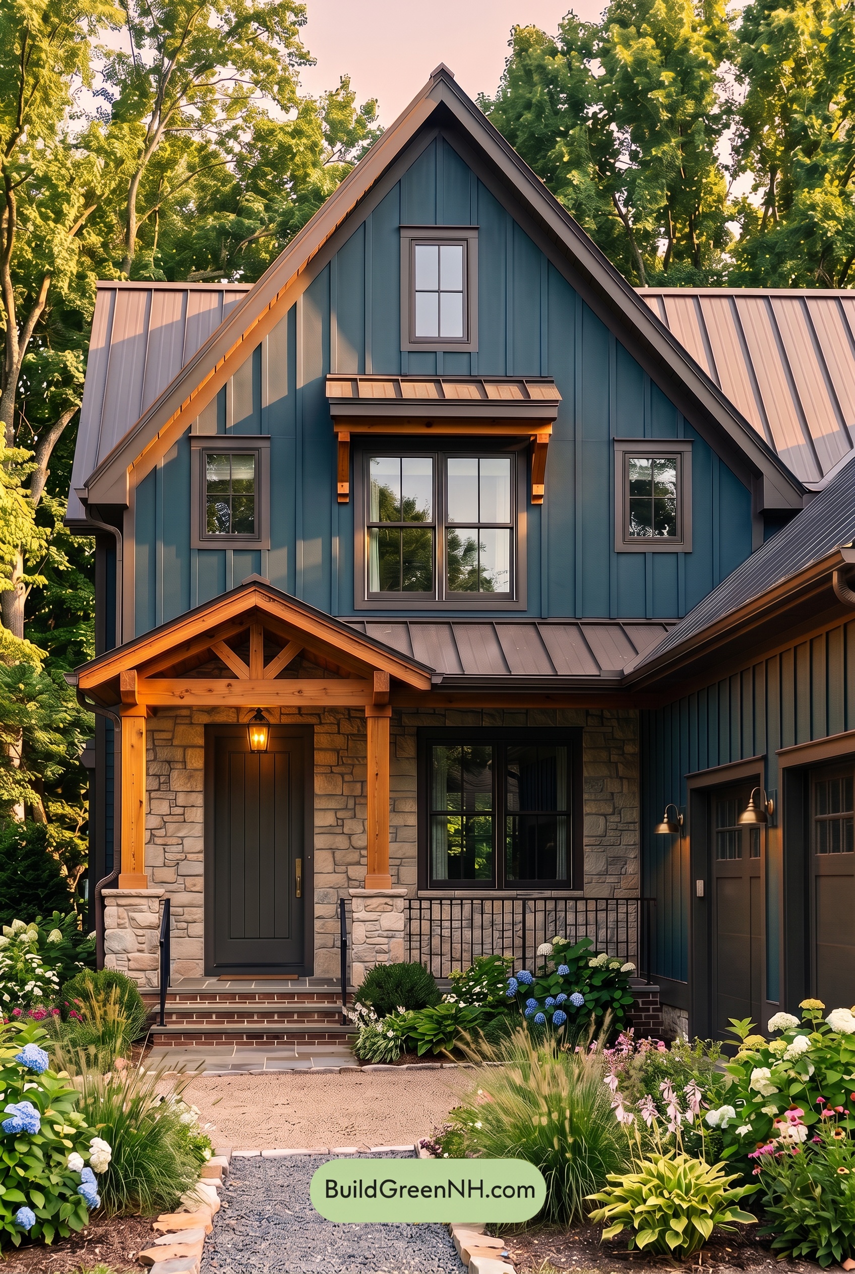 Dark Blue House Exterior with Wood Color Scheme: Blue Umber Poem - Golden Hour