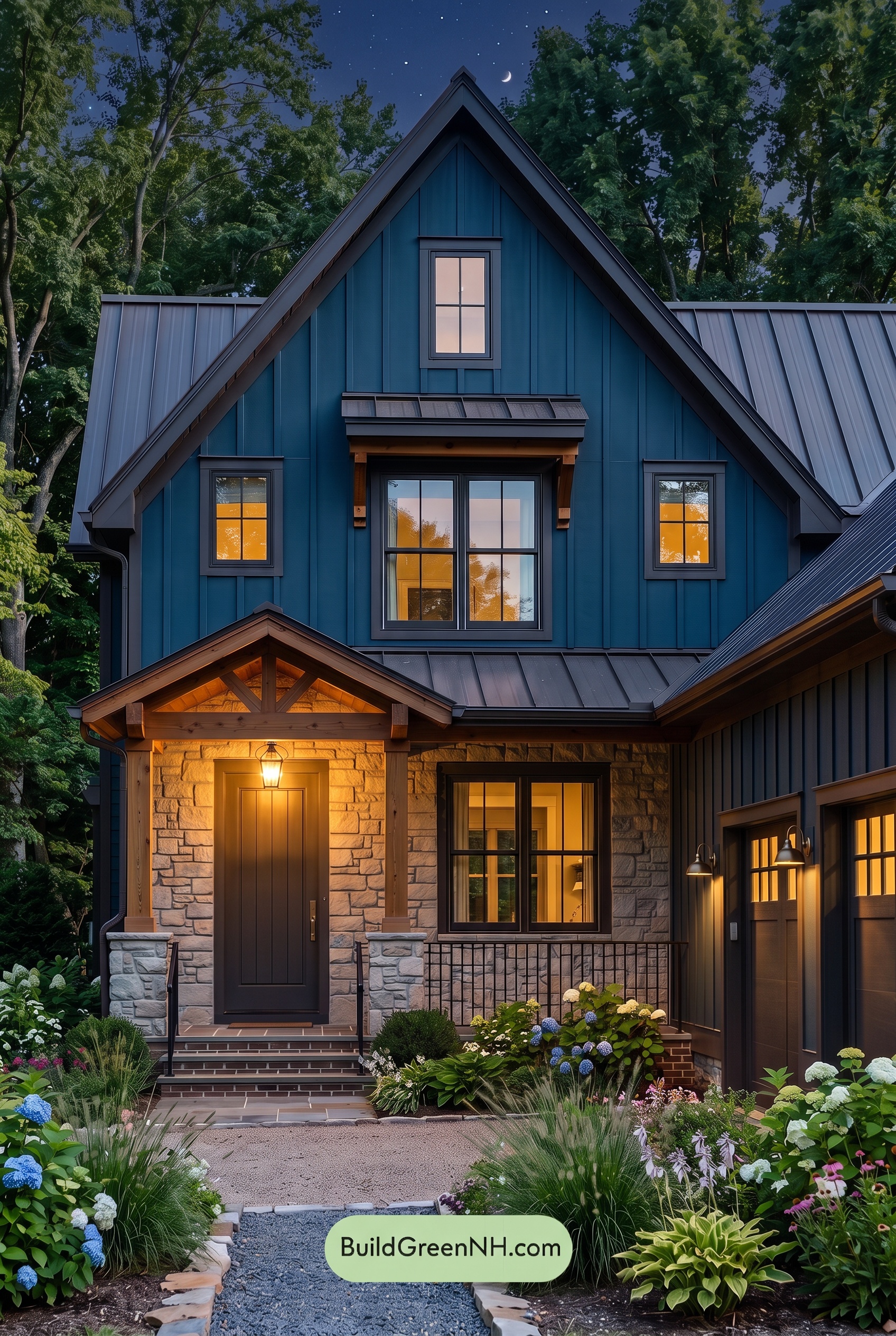Dark Blue House Exterior with Wood Color Scheme: Blue Umber Poem - Nighttime