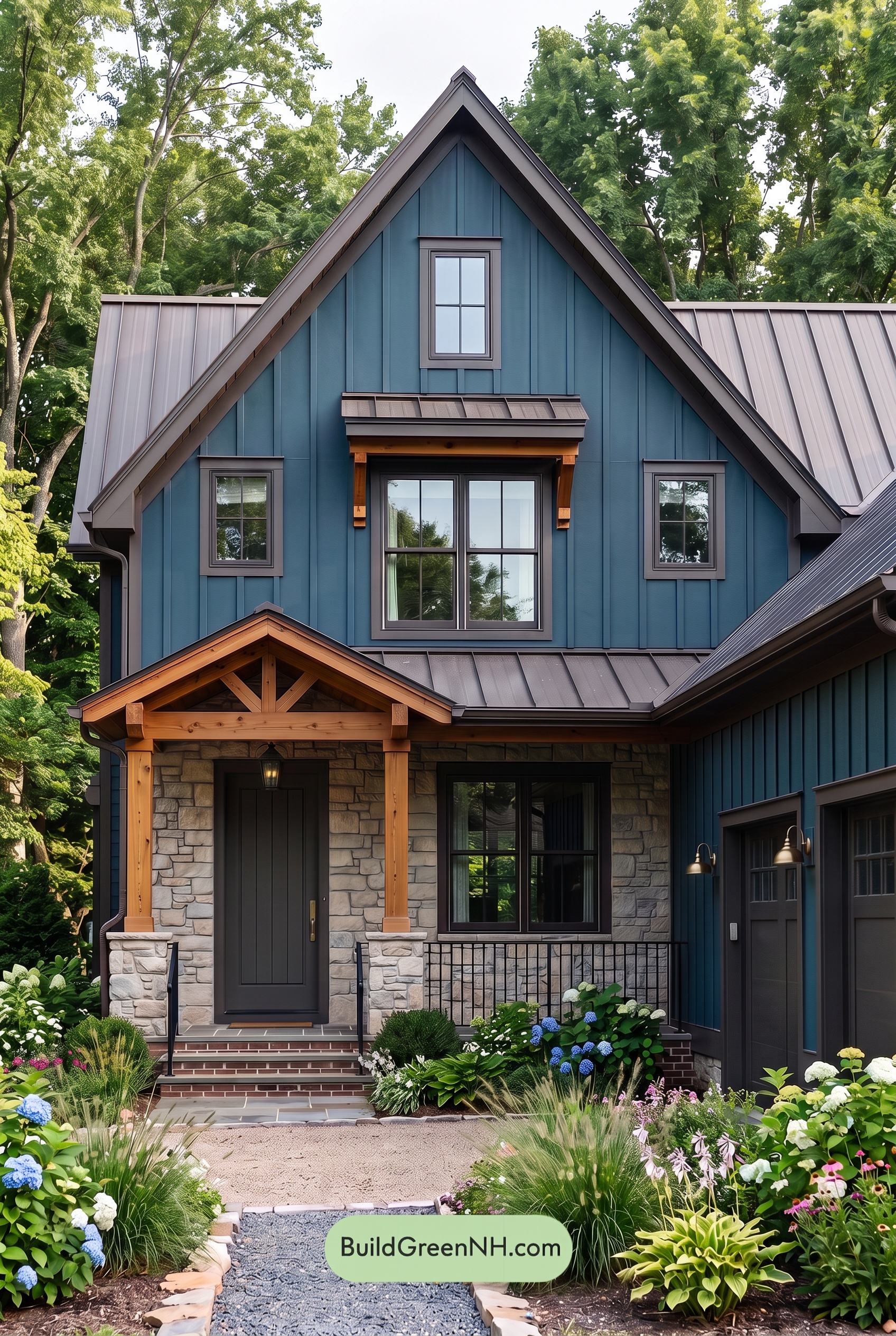 Dark Blue House Exterior with Wood Color Scheme: Blue Umber Poem - Overcast