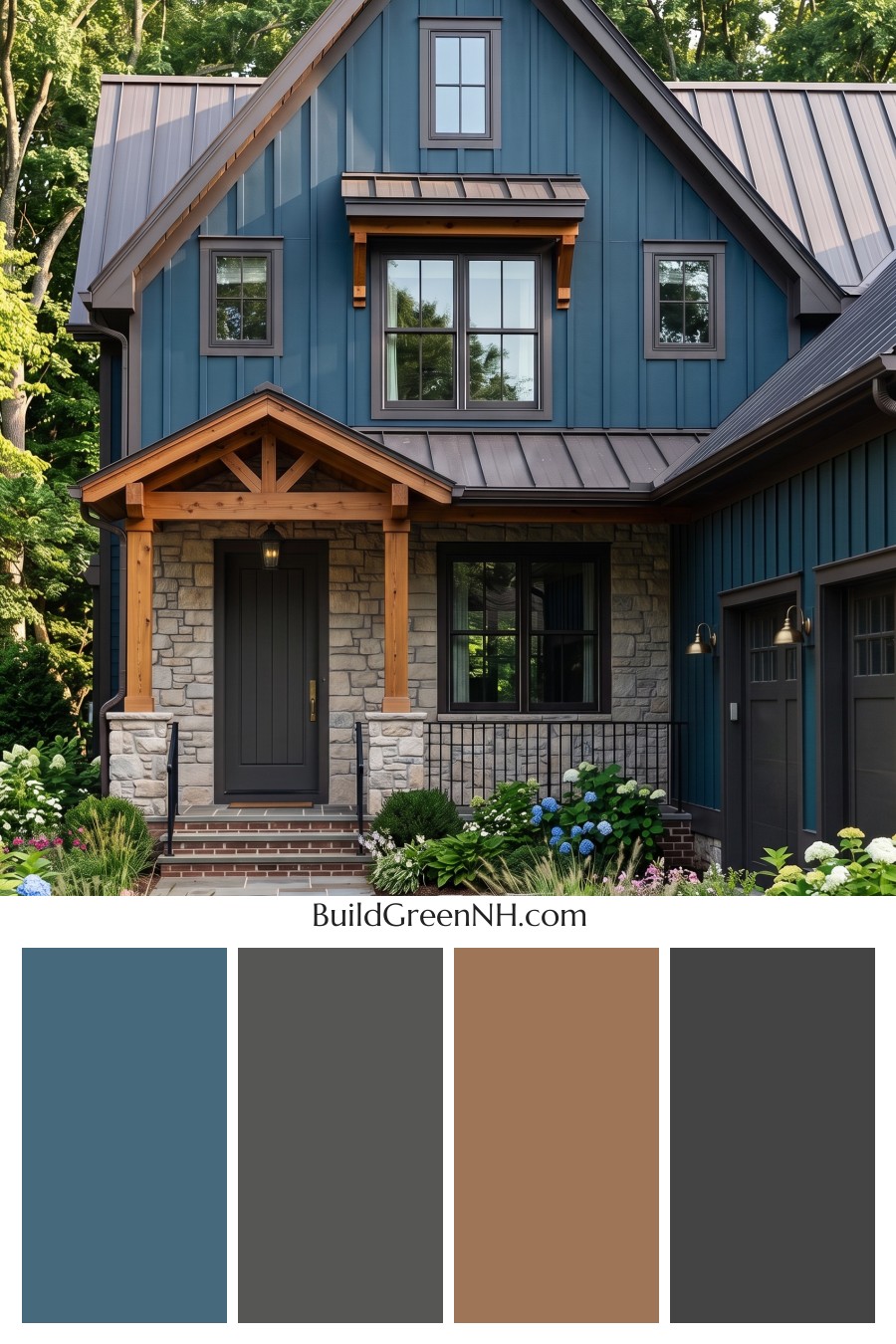 Dark Blue House Exterior with Wood Color Scheme: Blue Umber Poem