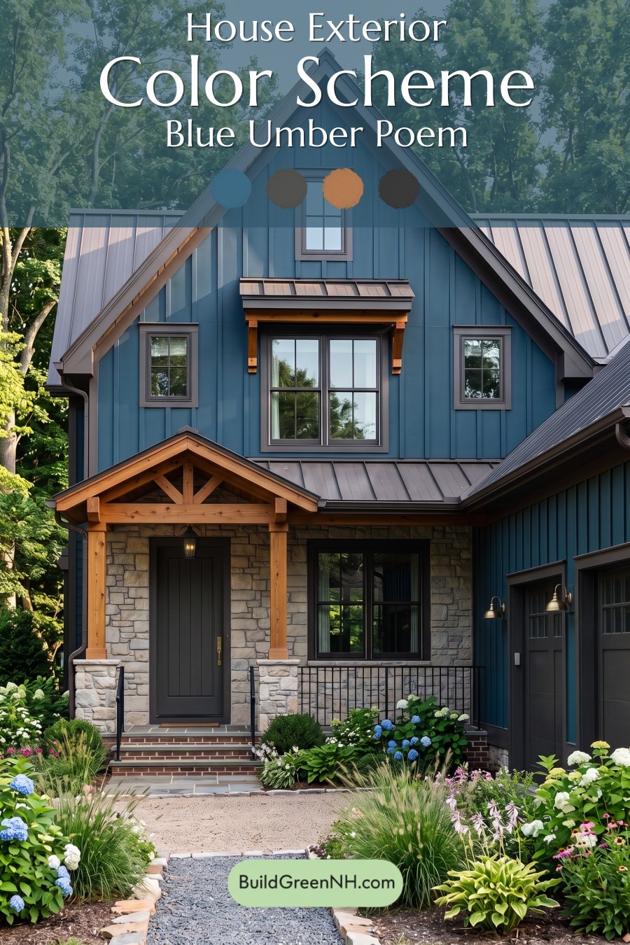 Dark Blue House Exterior with Wood Color Scheme: Blue Umber Poem